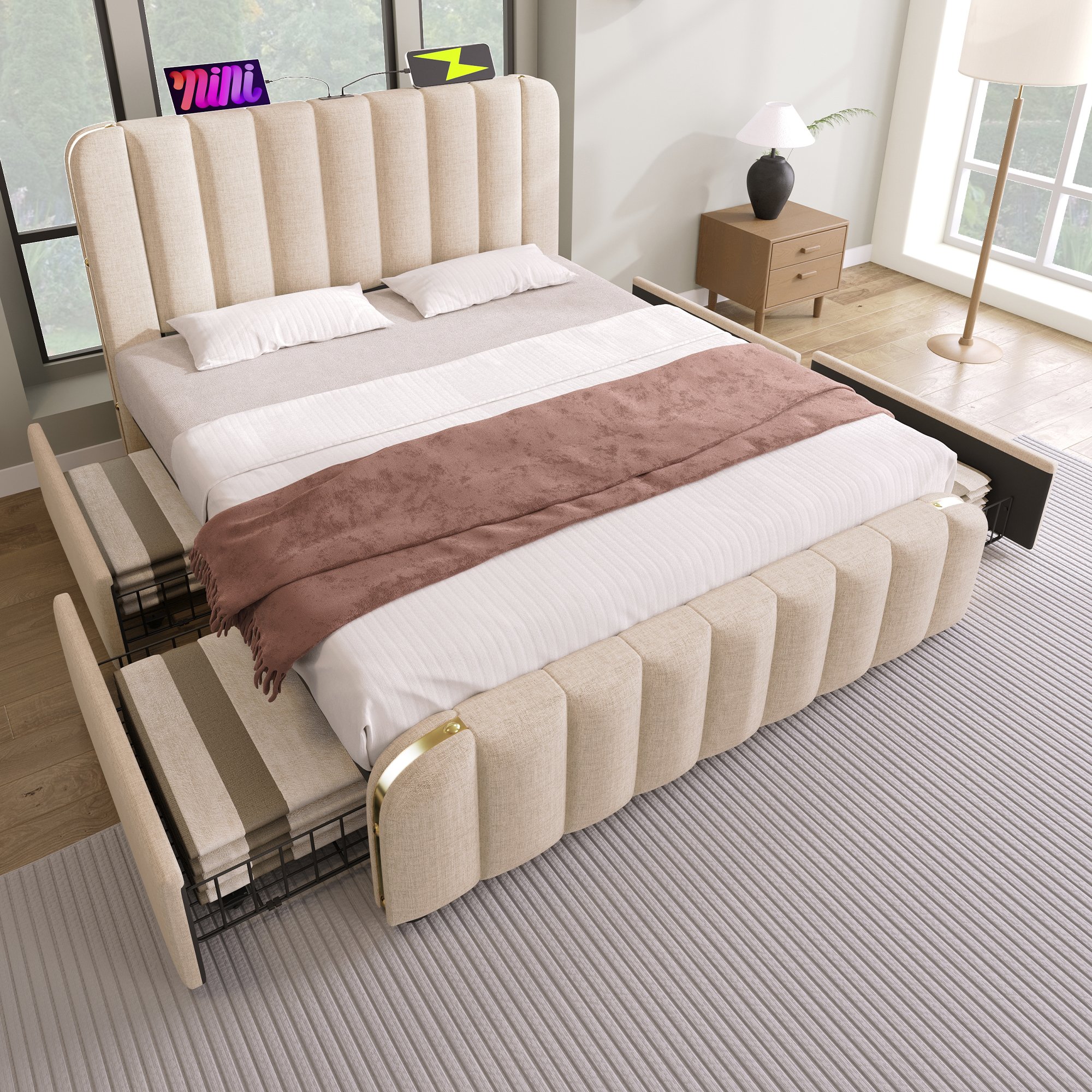 lit coffre double 140x200 beige en tissu lin avec 4 tiroirs, sommier à lattes, ports USB Type-C et tête de lit décorative