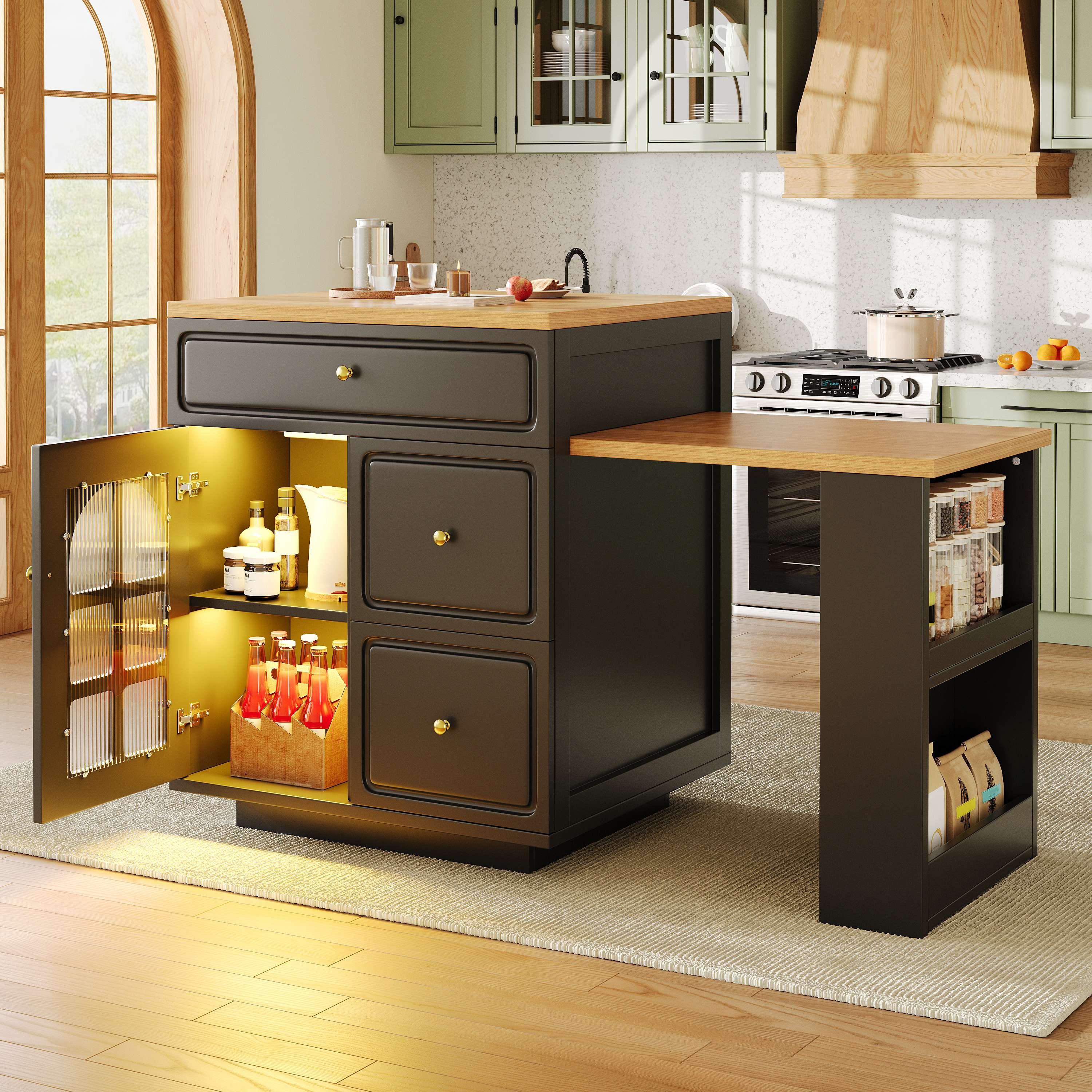 Îlot de cuisine extensible 122,5-195,5 cm, noir, avec tiroirs, LED RGB et vitrine, pour cuisine et bar, Panneau composite de fibres de bois à densité et métal