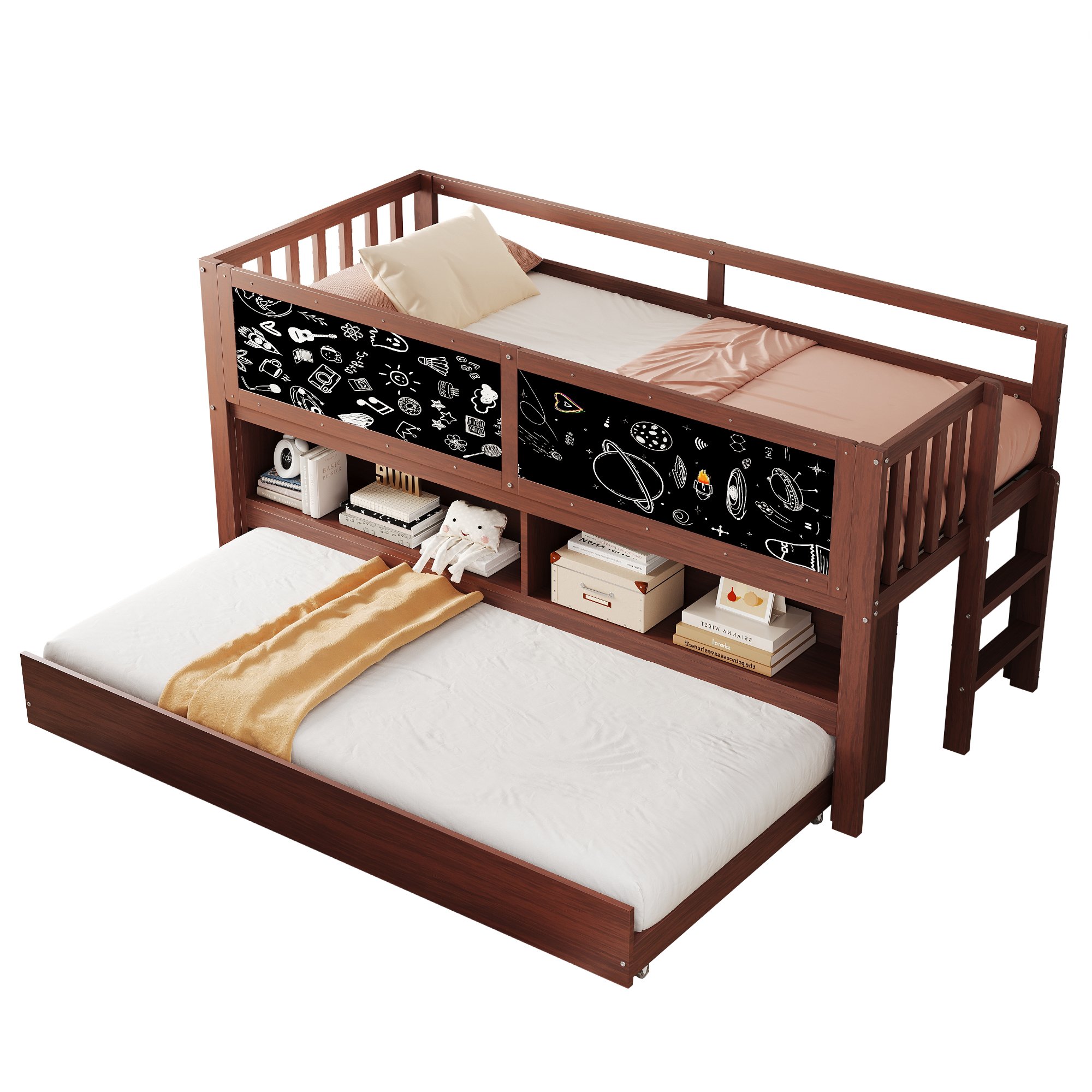 Lit cabane enfant en bois massif 90x200 avec rangement ouvert et échelle, sans matelas