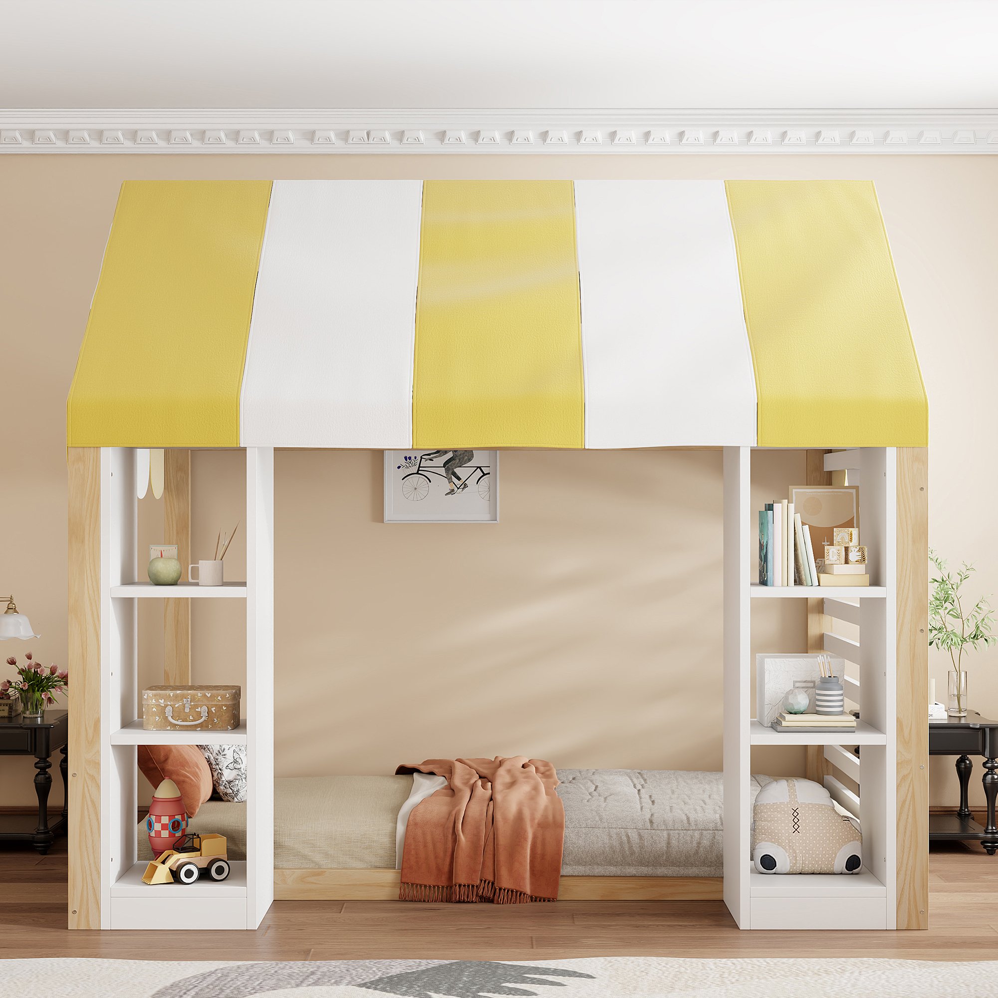 Lit mezzanine enfant avec rangement intégré et baldaquin, 90x200, bois et métal