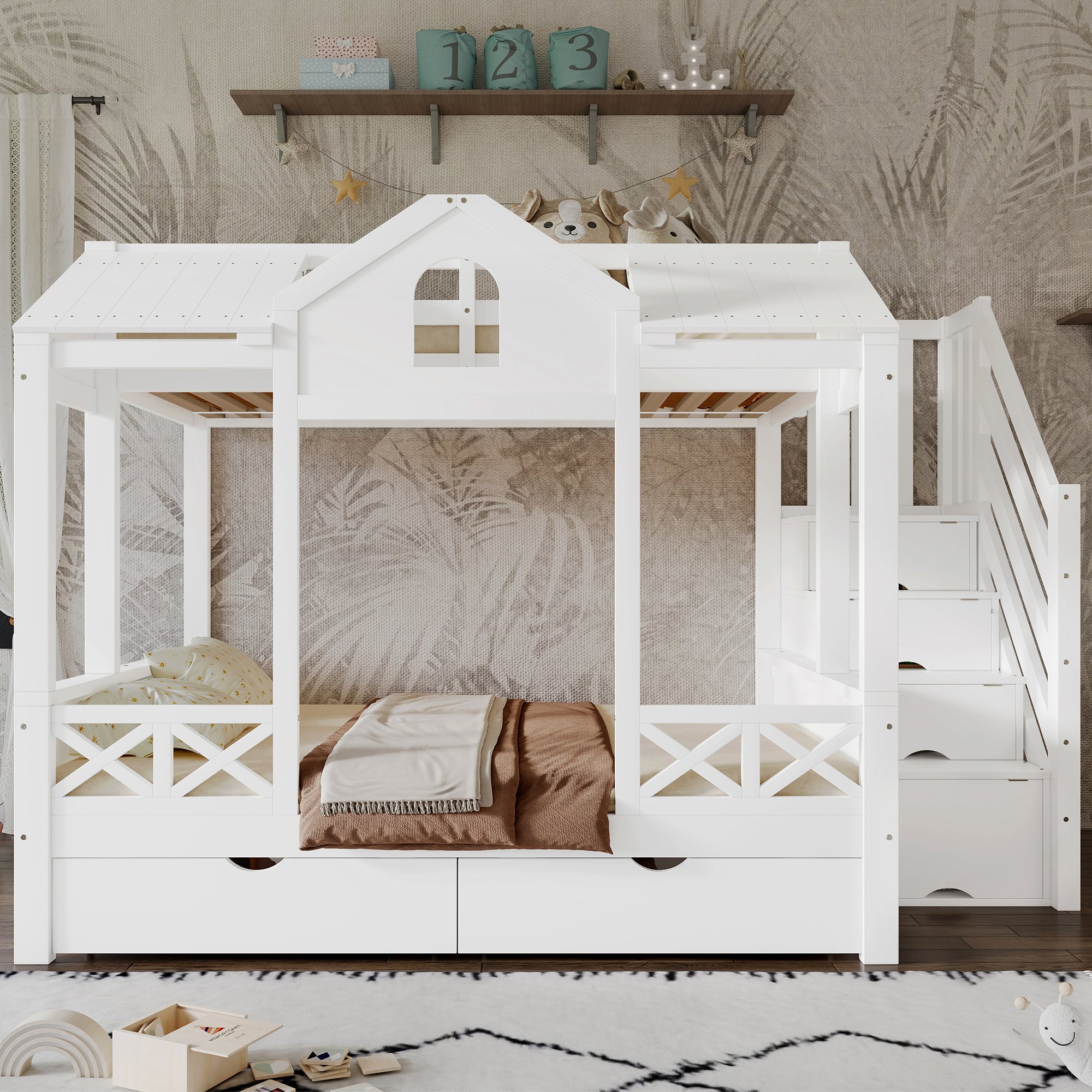 Lit superposé en pin et Panneau composite de fibres de bois à densité avec échelle et rangements, blanc, dimensions 254,5x145x170 cm, couchages 90x200 et 140x200