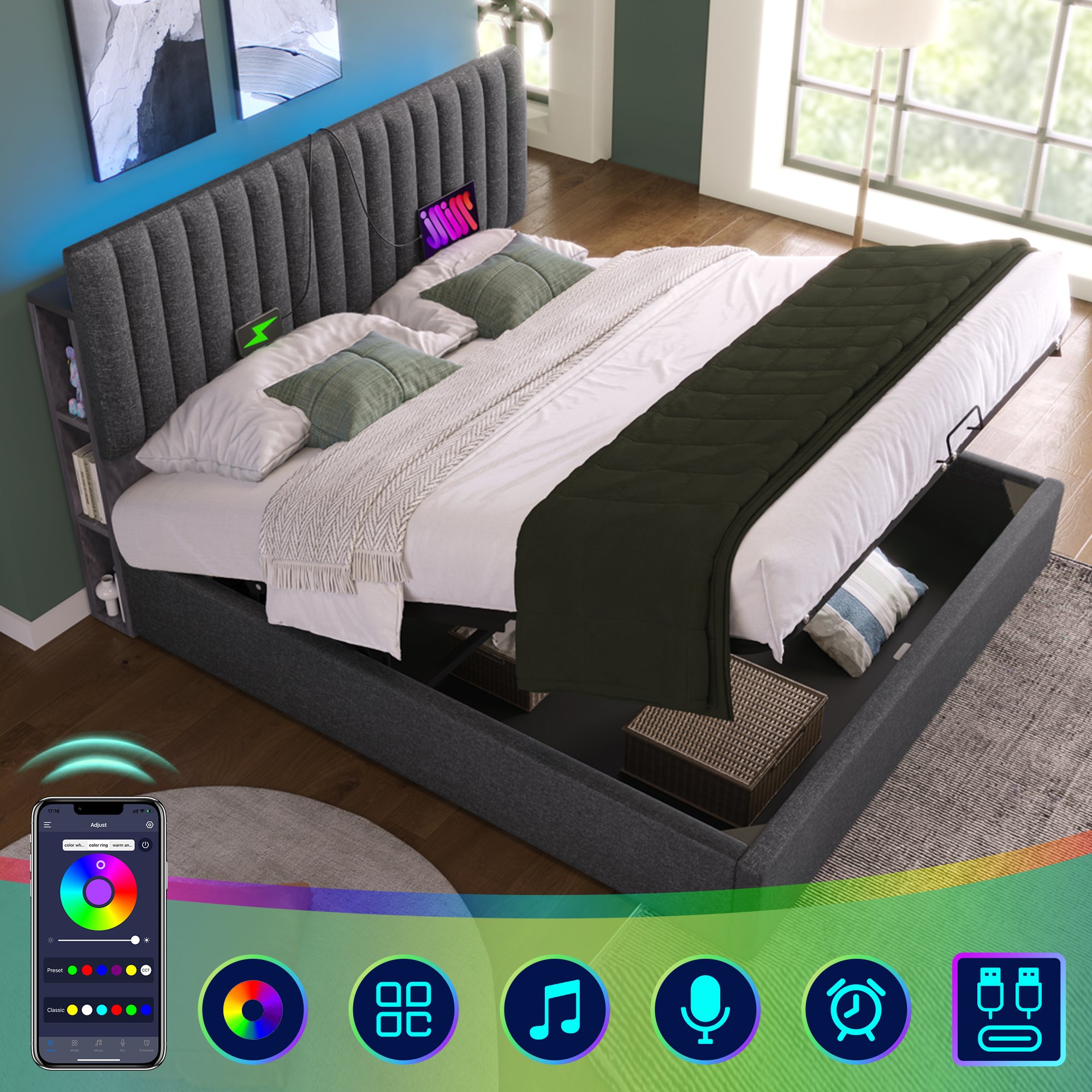 Lit coffre double 140x200 gris avec LED contrôlable par app, USB Type-C et rangement hydraulique sous le couchage