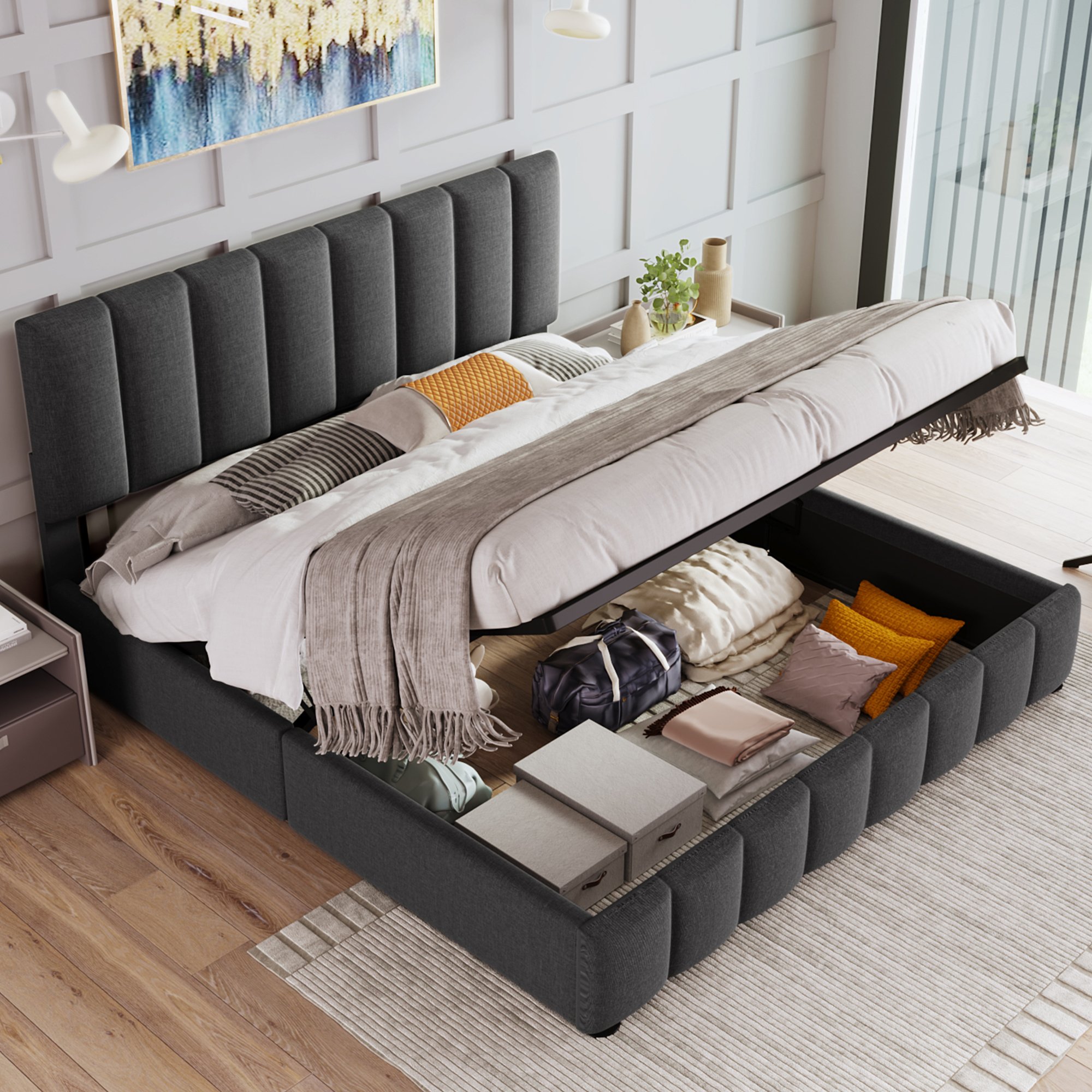 Lit double rembourré 140x200 gris avec tête réglable, rangement sous le couchage par hydraulique et matelas