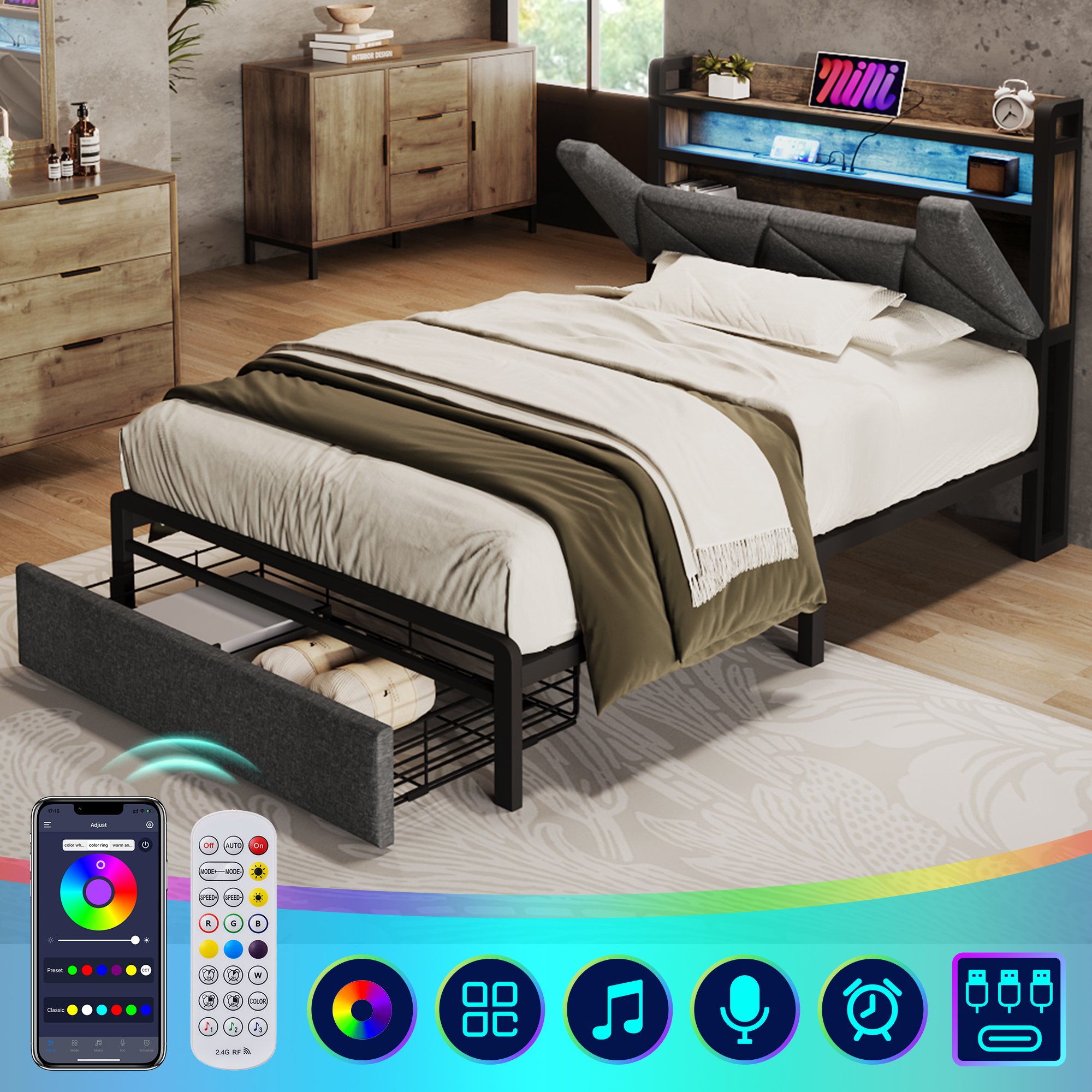 lit coffre 90x200 avec tête de lit rangement, LED télécommande, USB Type-C, tiroirs roulettes et sommier métal gris lin
