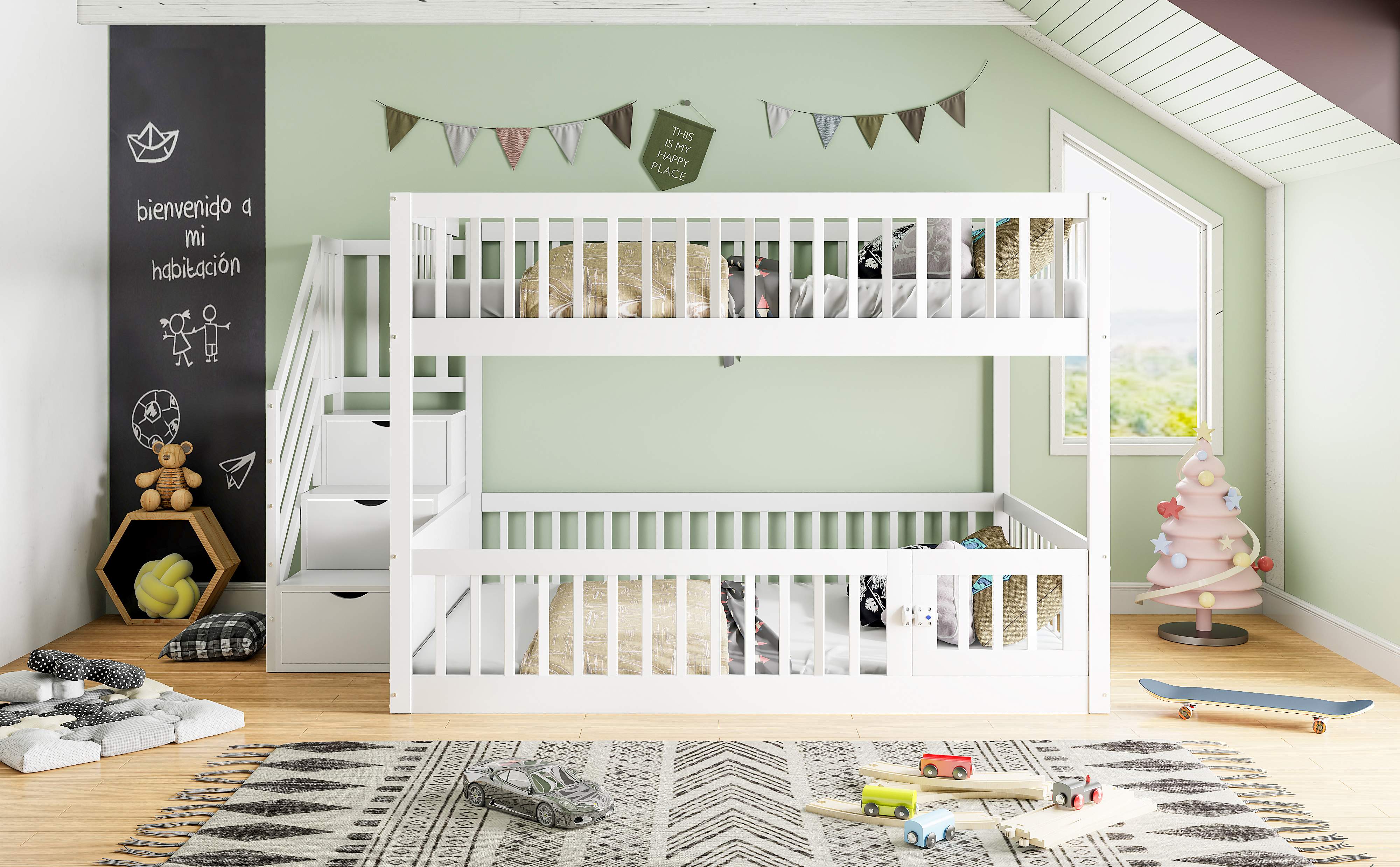 Lit superposé enfant 140x200 avec échelle et rangement, bois massif blanc, sécurité renforcée