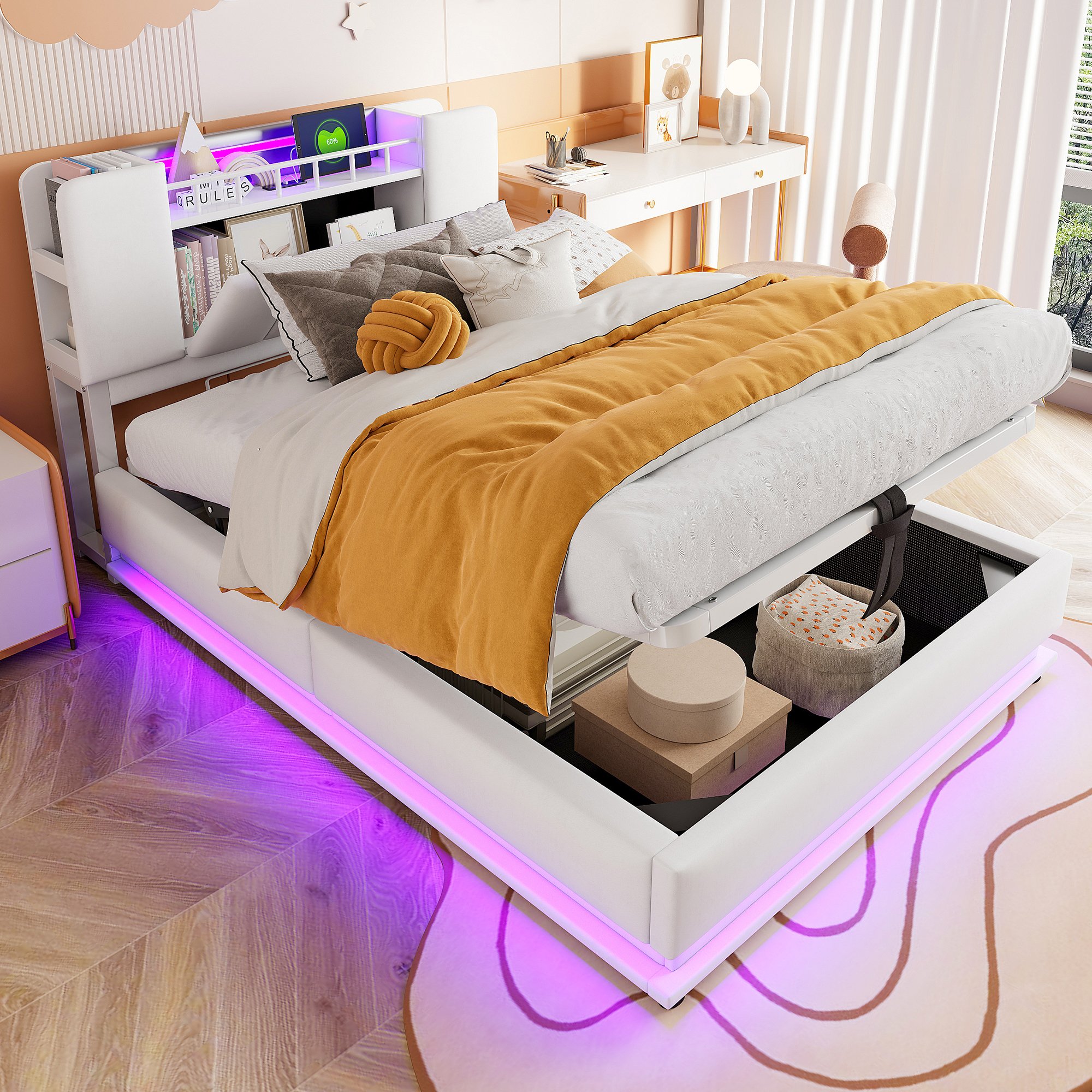 Lit coffre 90x200 en velours beige avec LED, USB, rangement hydraulique et sommier à lattes