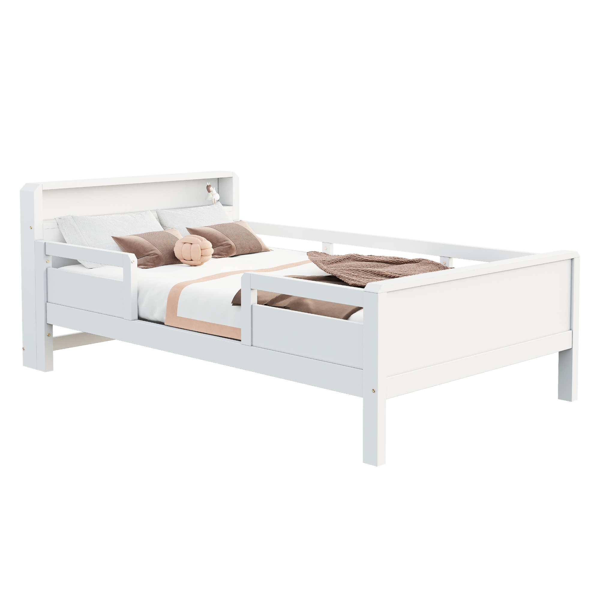 Lit enfant avec LED et chargeur USB, rangement au chevet, barrière de sécurité, 90x200 en pin