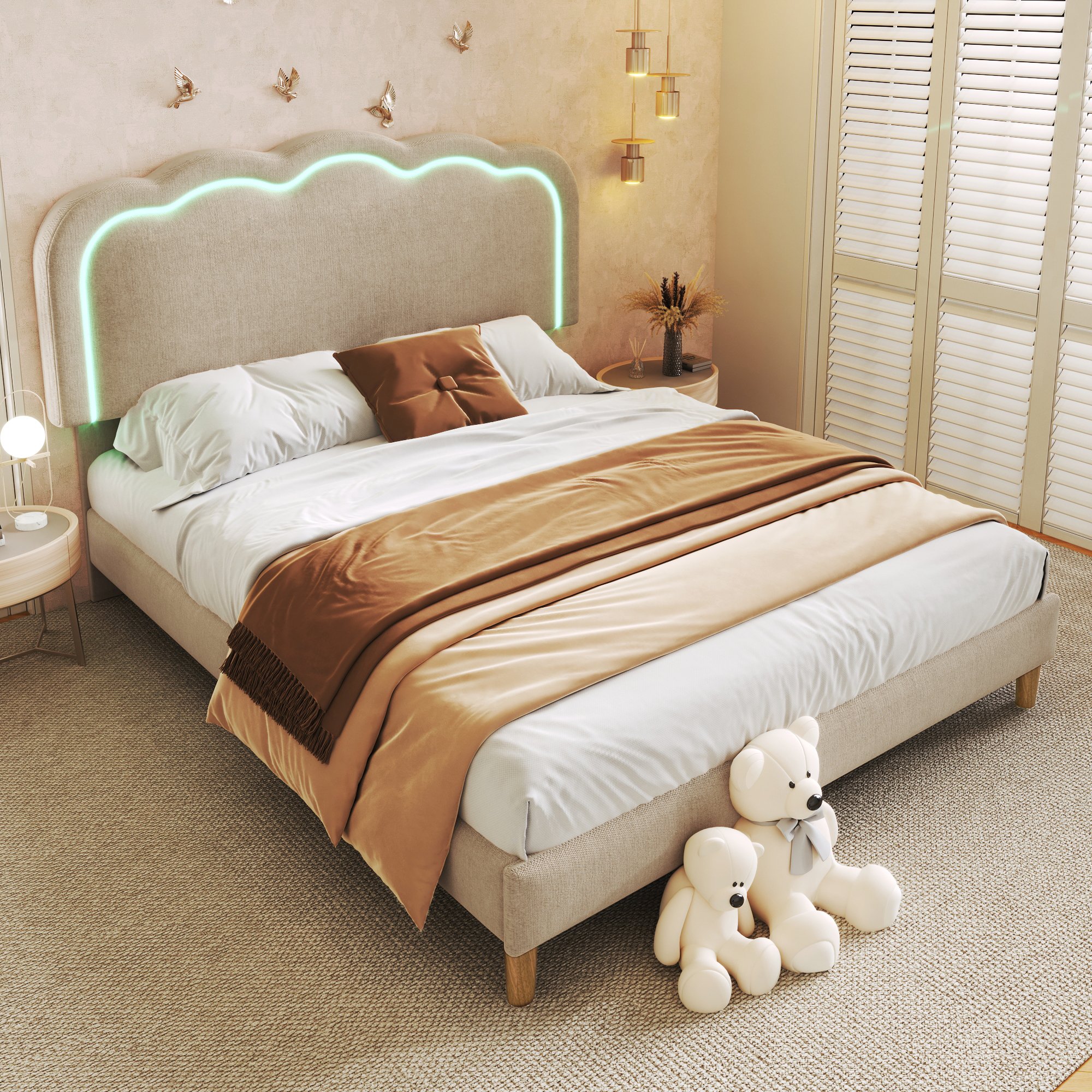lit double rembourré 140x200 beige en lin, cadre avec sommier à lattes et tête de lit LED réglable