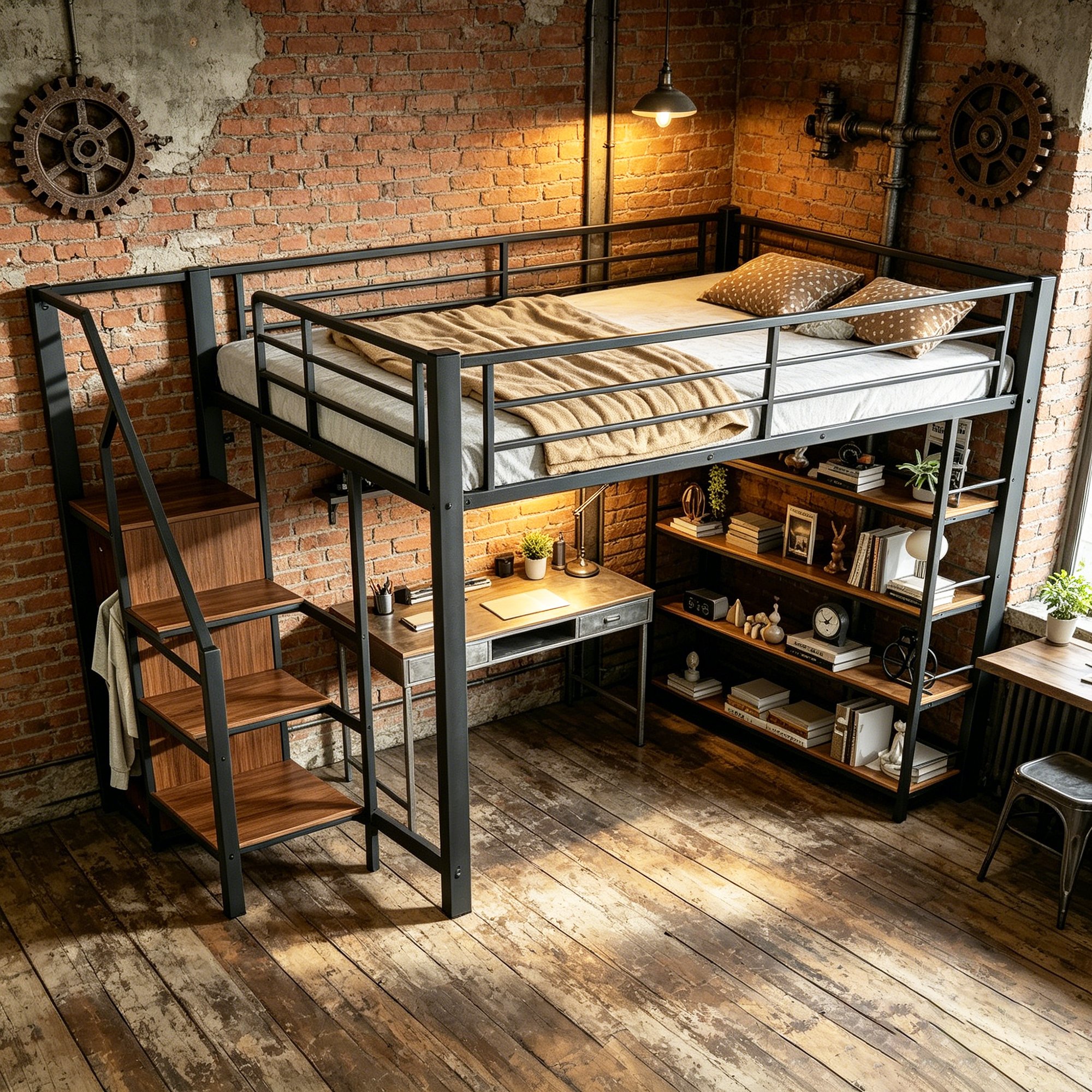 Lit mezzanine avec escalier de rangement et penderie, couchage 140x200, sécurité renforcée