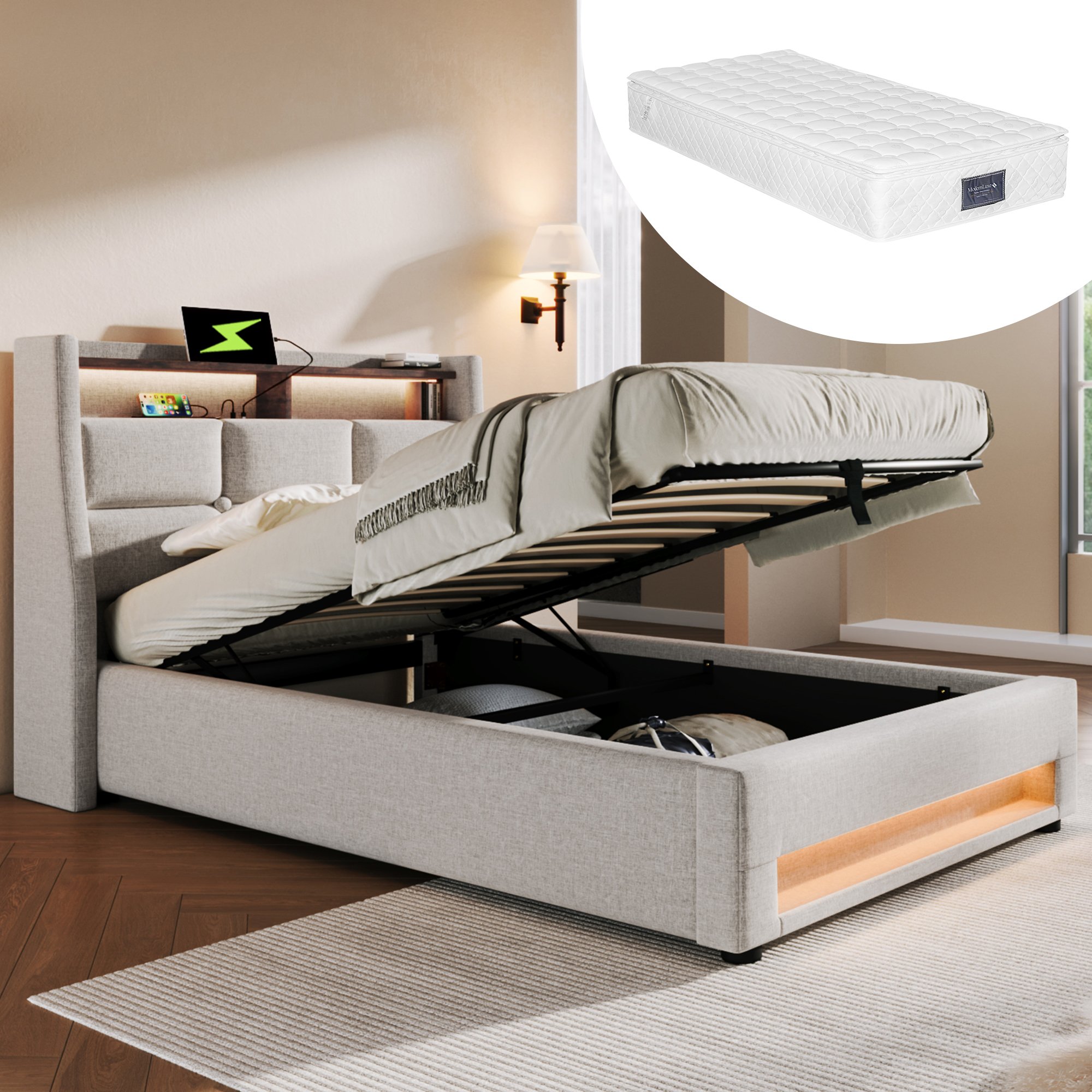 Lit LED 90x200 avec matelas, sommier à lattes, rangement coffre hydraulique et USB, tête de lit rembourrée beige en tissu lin