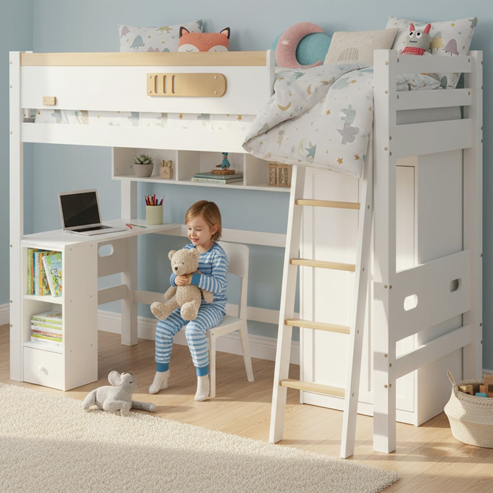 Lit superposé enfant 90x200 avec rangement, bureau et armoire, blanc et naturel, en bois