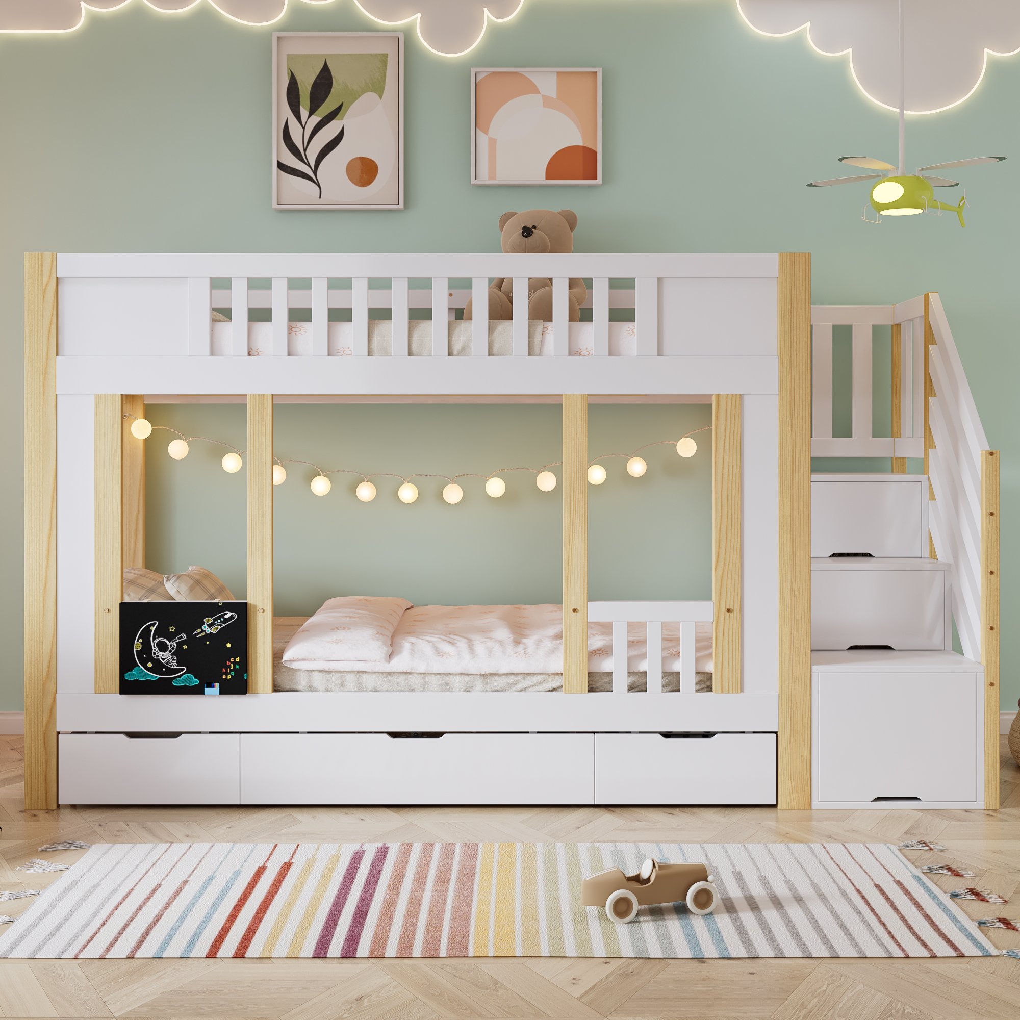 Lit superposé enfant 90x200 en pin blanc et naturel avec rangement et tableau