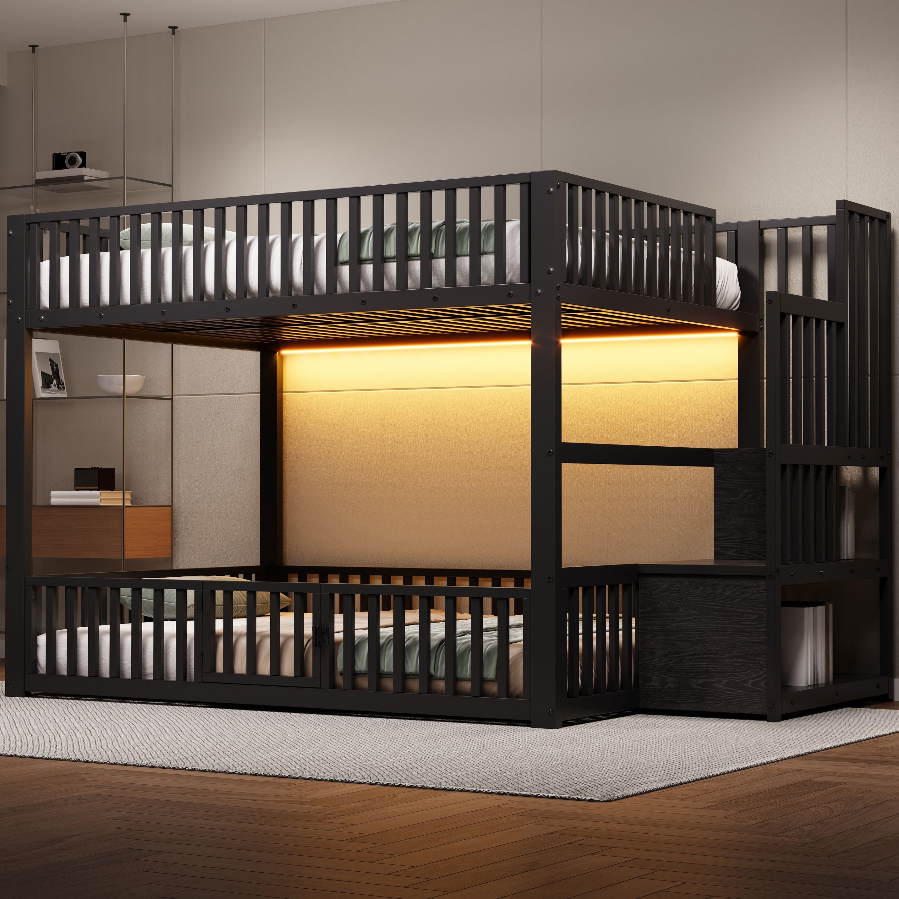 Lit superposé 140x200 avec échelle de rangement, LED et barrière de sécurité, noir