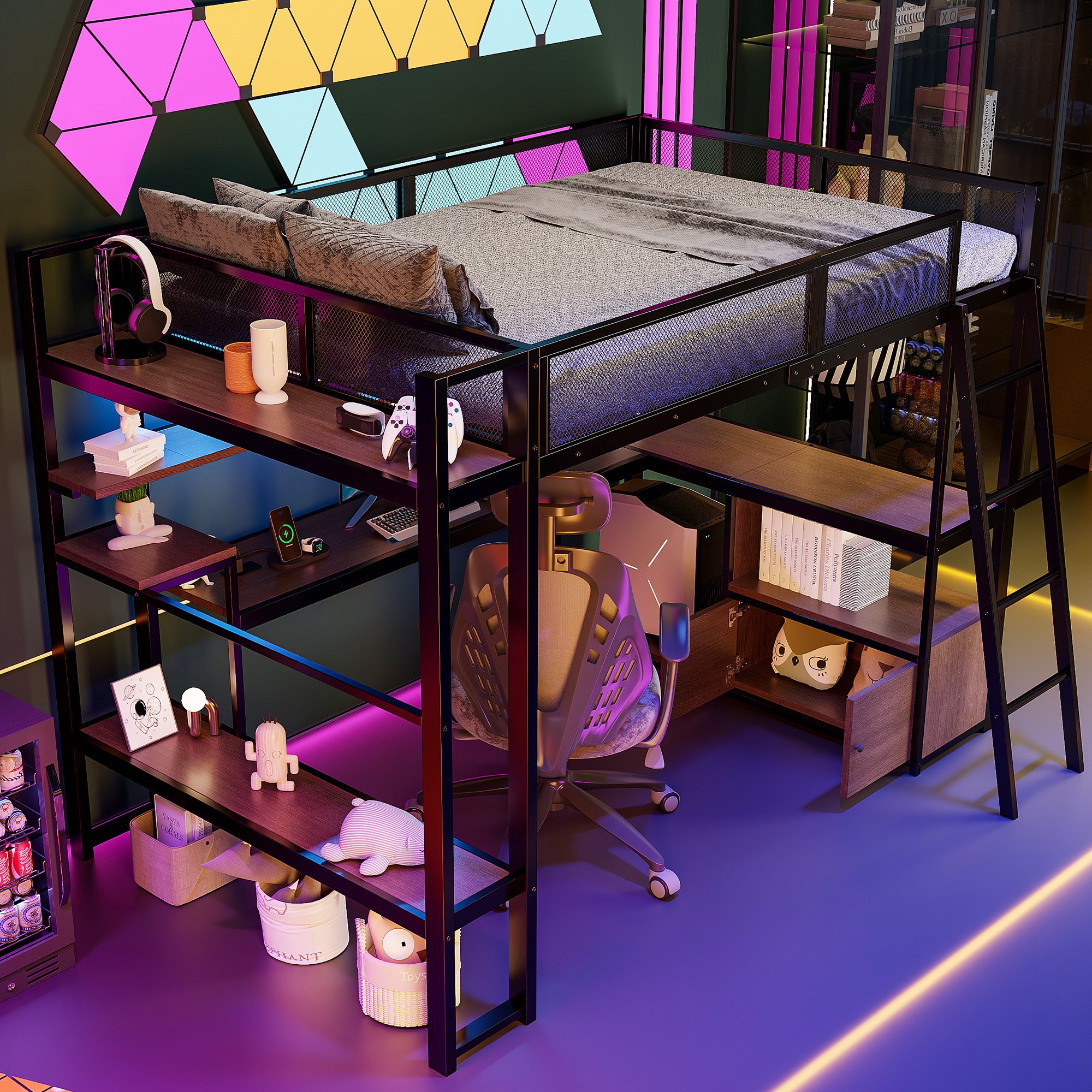Lit mezzanine avec bureau intégré et LED, couchage 140x200, rangements inclus