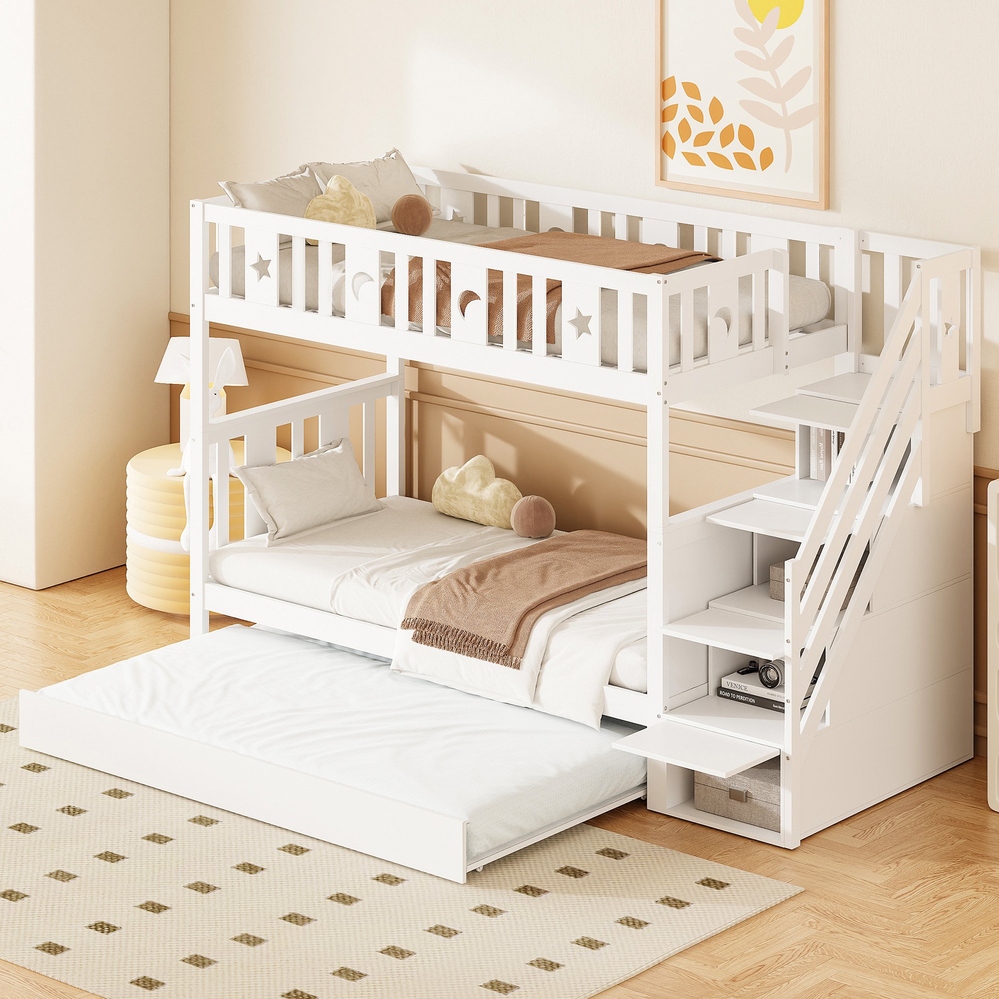 Lit superposé enfant 90x200 cm en bois massif blanc avec rangement et échelle de sécurité