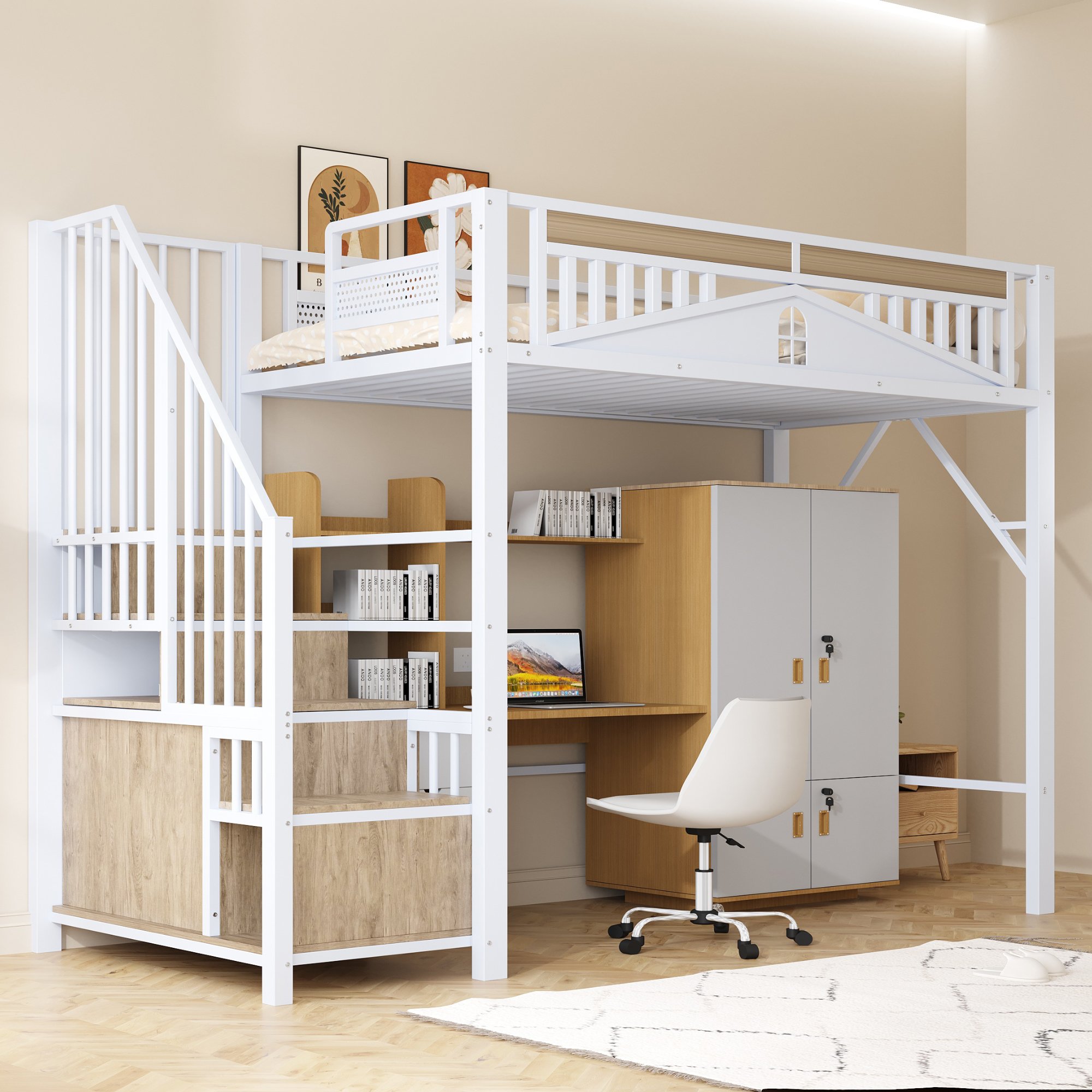 Lit mezzanine 90x200 cm en métal blanc avec échelle sécurisée et rangement intégré
