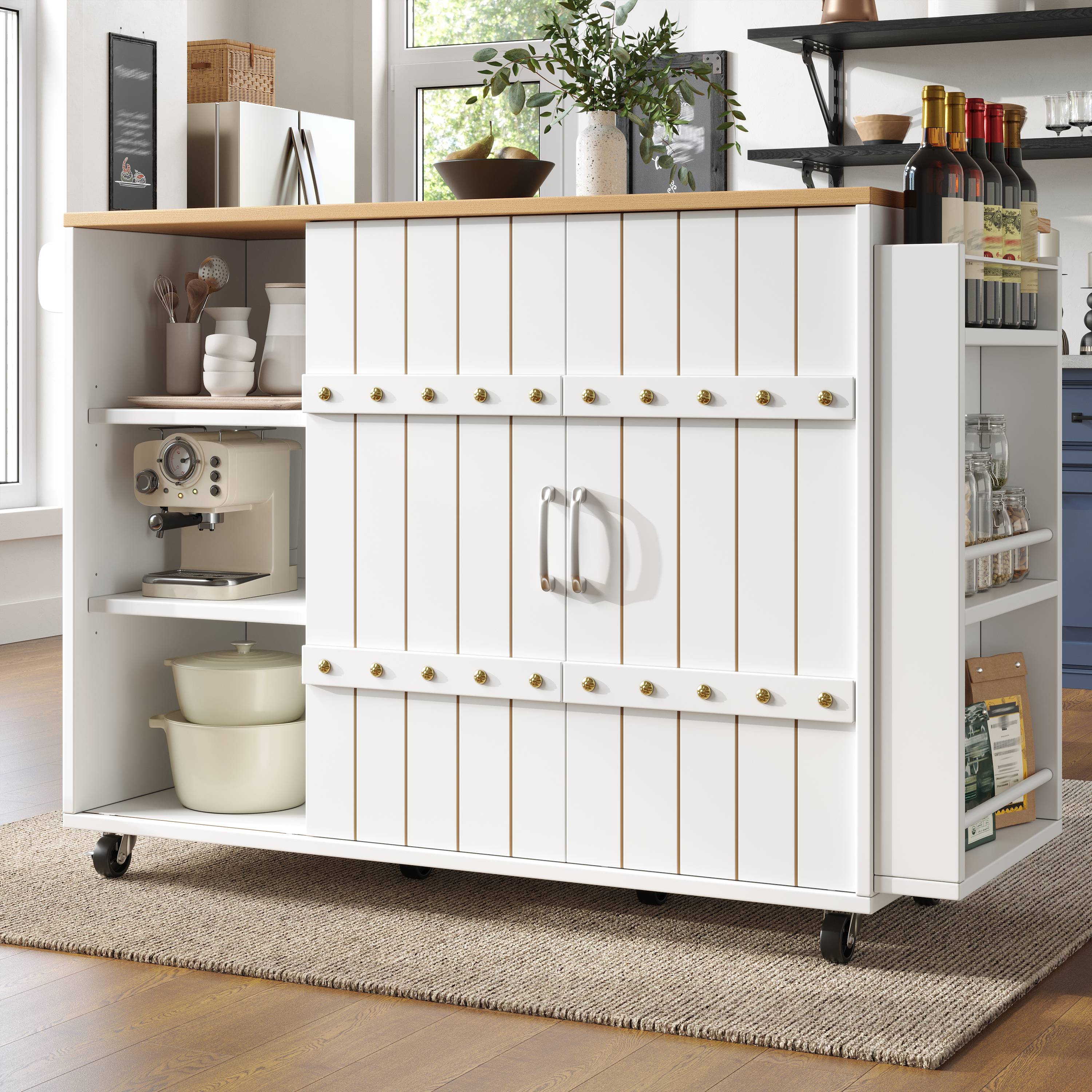 Îlot de cuisine sur roulettes avec plan de travail, rangement spacieux, portes coulissantes et table rabattable, blanc