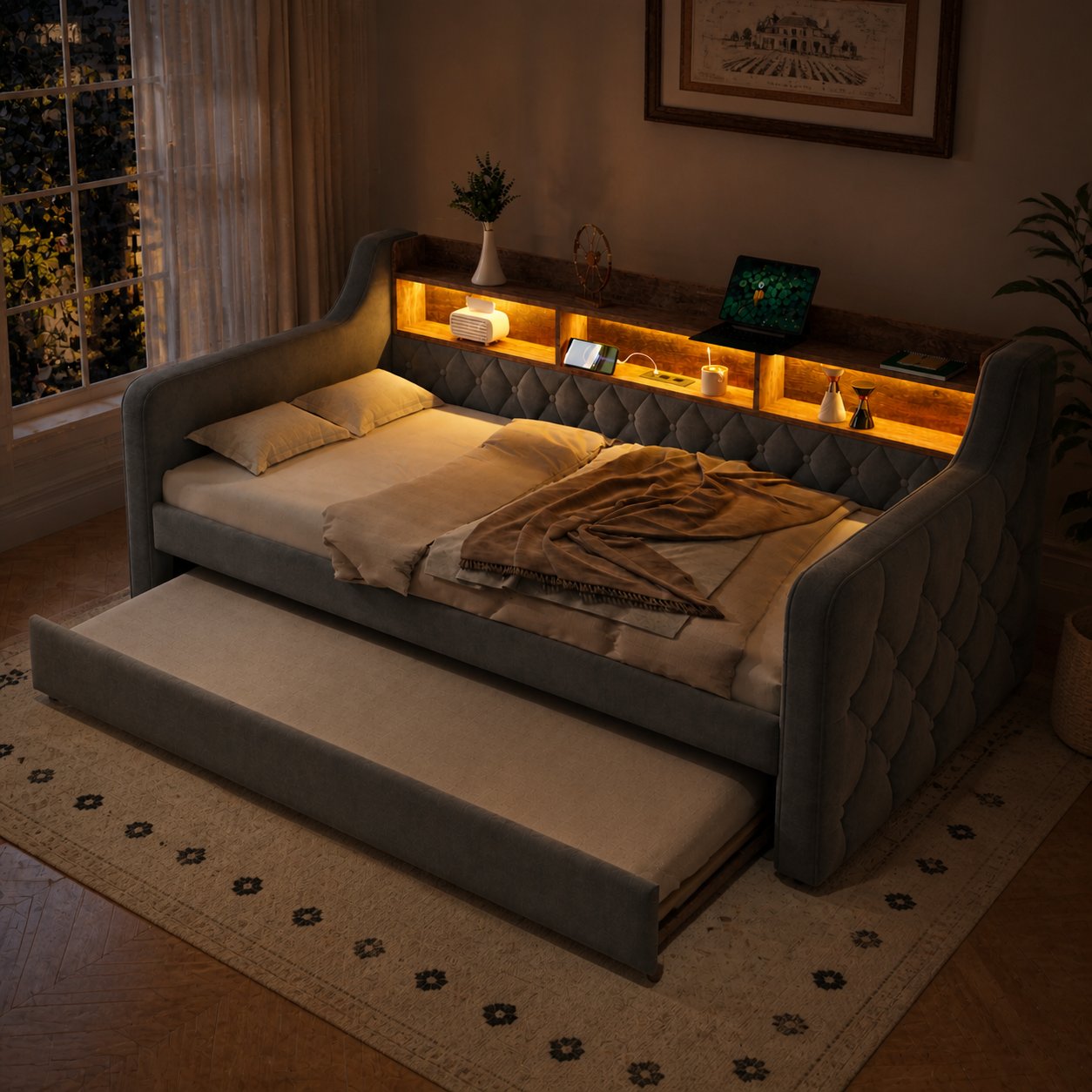Lit coffre 90x190 cm en velours gris, structure métal-bois, sommier à lattes, LED