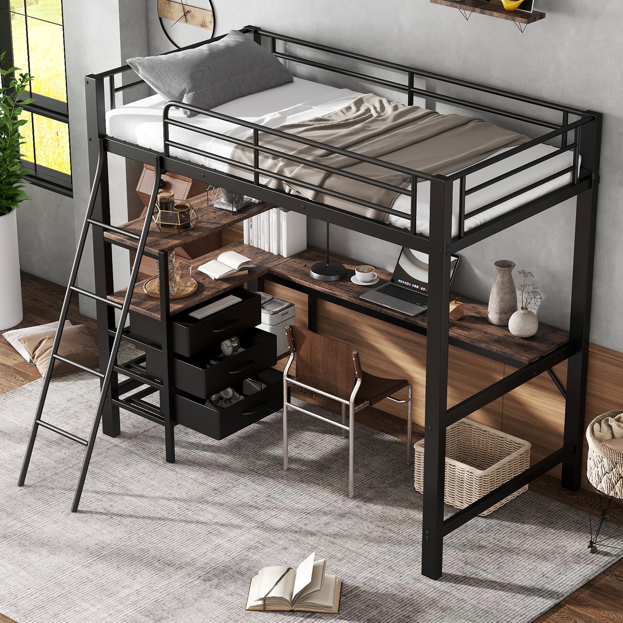Lit superposé 90x200 en fer noir et bois avec bureau, tiroirs et échelle pour enfant