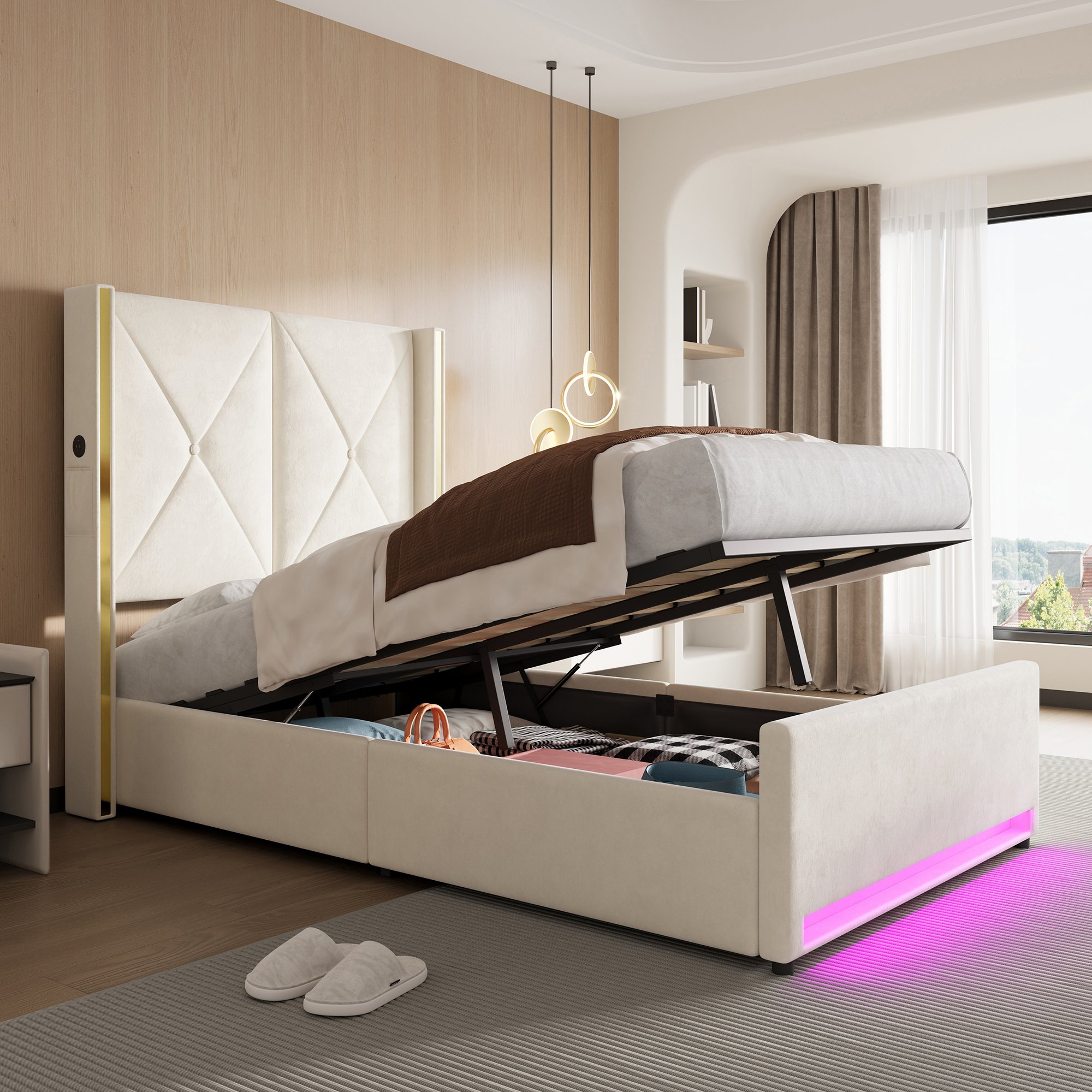 Lit coffre 90x200 en velours beige, structure métallique, sommier à lattes, avec rangement hydraulique et LED
