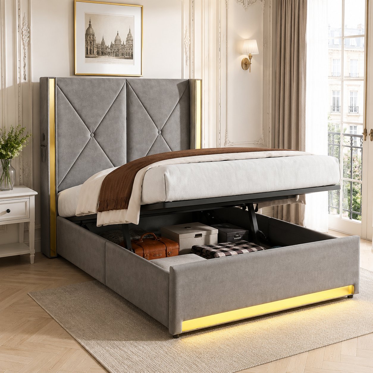 Lit coffre 90x200 avec rangement hydraulique, tête de lit rembourrée, LED et USB – lit coffre simple avec coffre