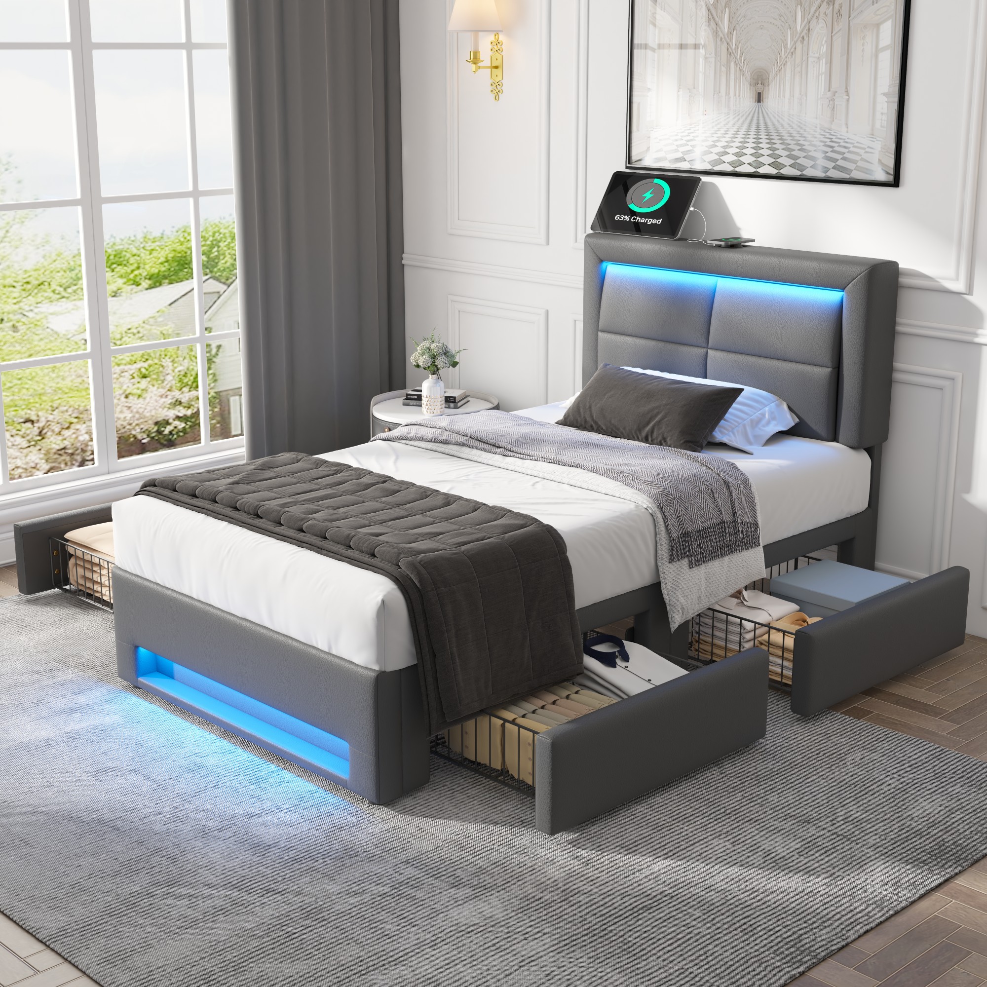 Lit rembourré 90x190 gris PU motif litchi avec LED et USB, 4 tiroirs de rangement, sans matelas, sommier à lattes robuste pour chambre moderne