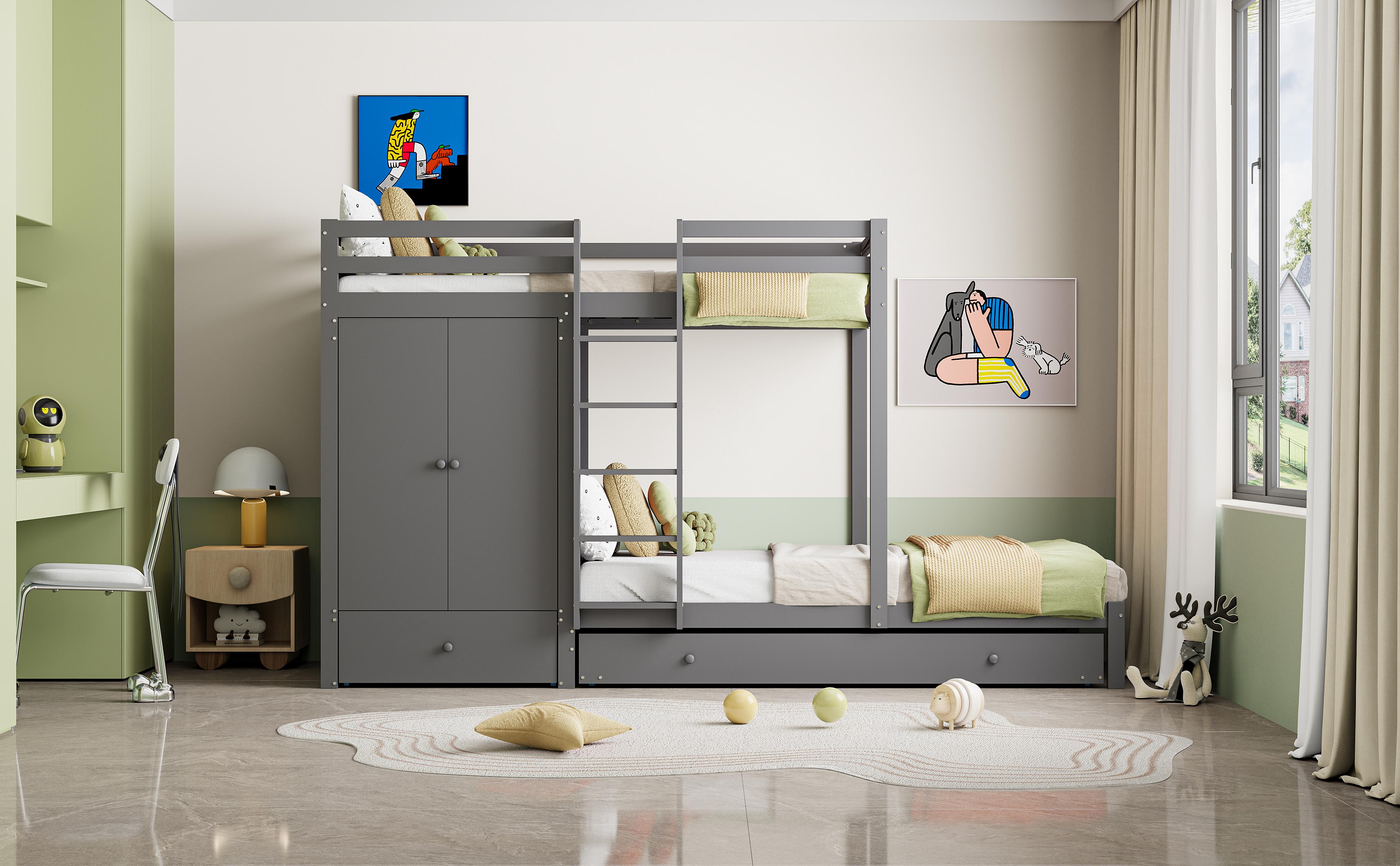 Lit superposé 90x200 cm avec lit escamotable, armoire et tiroirs, gris, bois massif