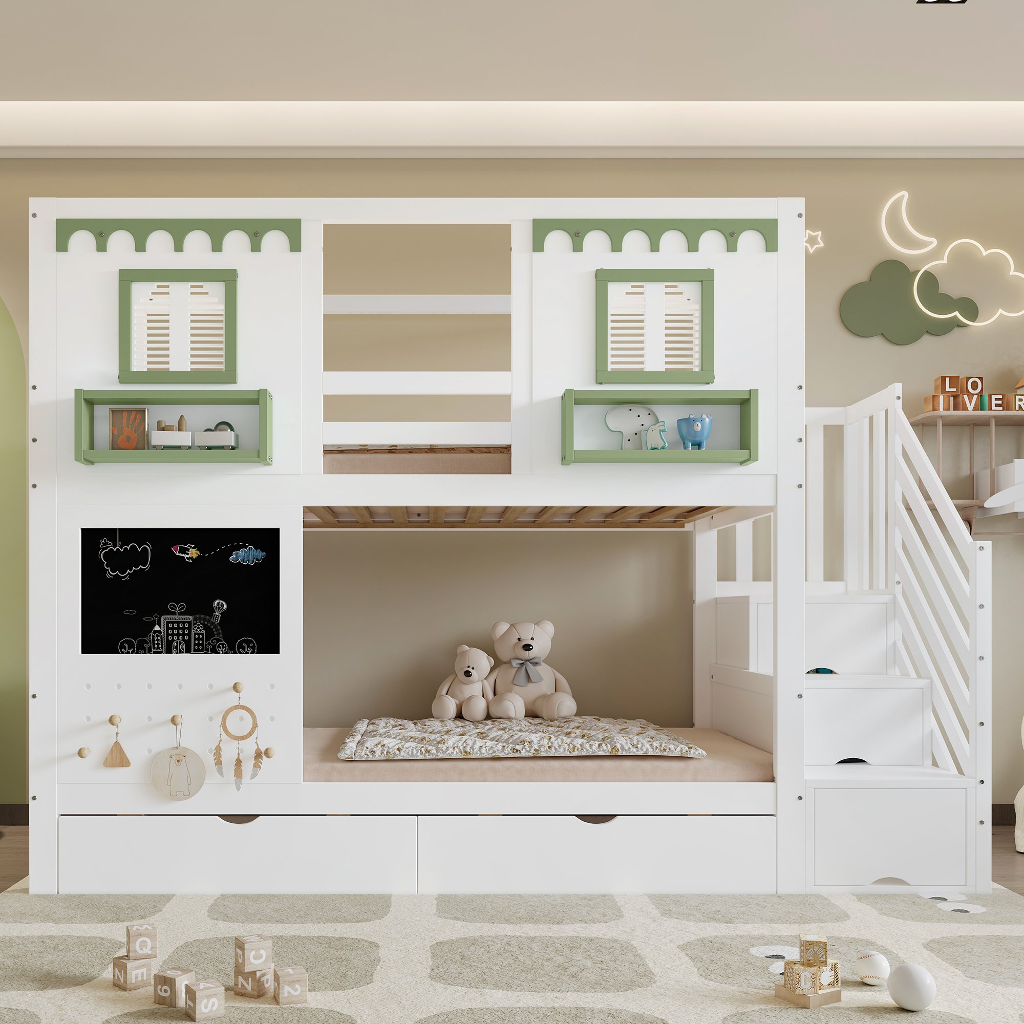Lit superposé enfant 90x200 avec rangement, échelle et tiroirs, blanc et vert