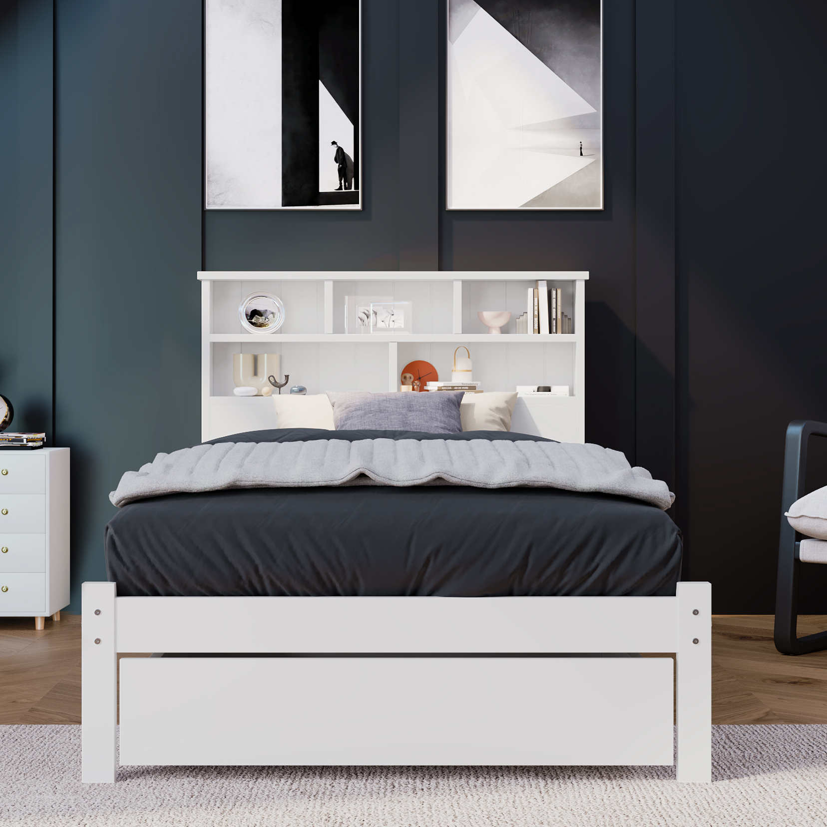 Lit coffre 90x200 avec tiroirs sur roulettes et tête de lit bibliothèque pour rangement optimisé chambre enfant blanc