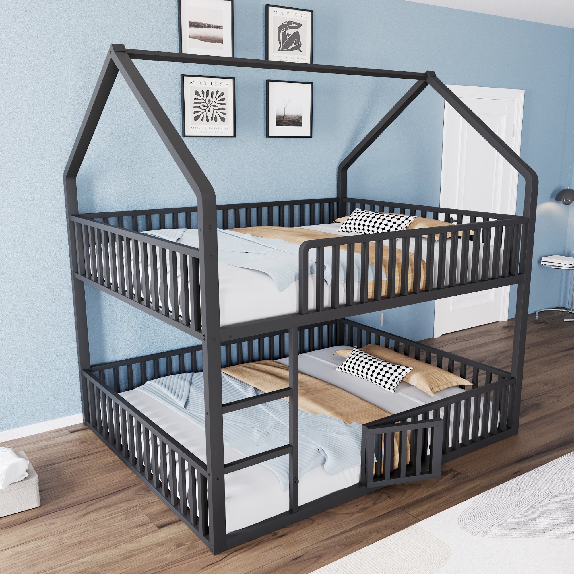 Lit superposé enfant 140x200 en métal noir avec échelle et porte, design maison, sécurité renforcée