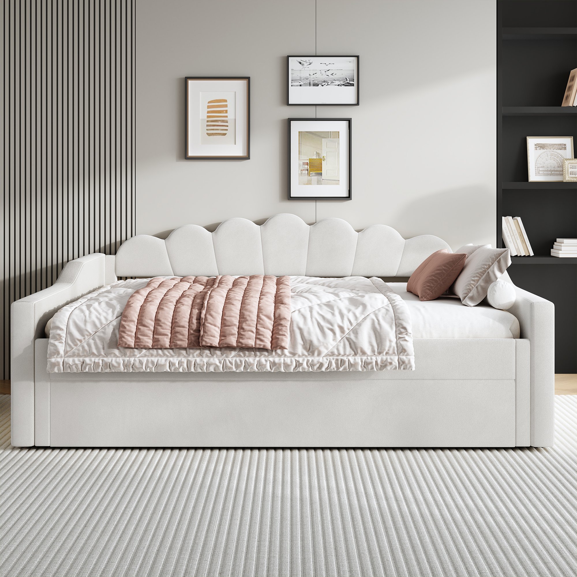 Lit gigogne 140x200 avec tiroir escamotable et LED intégrée, beige