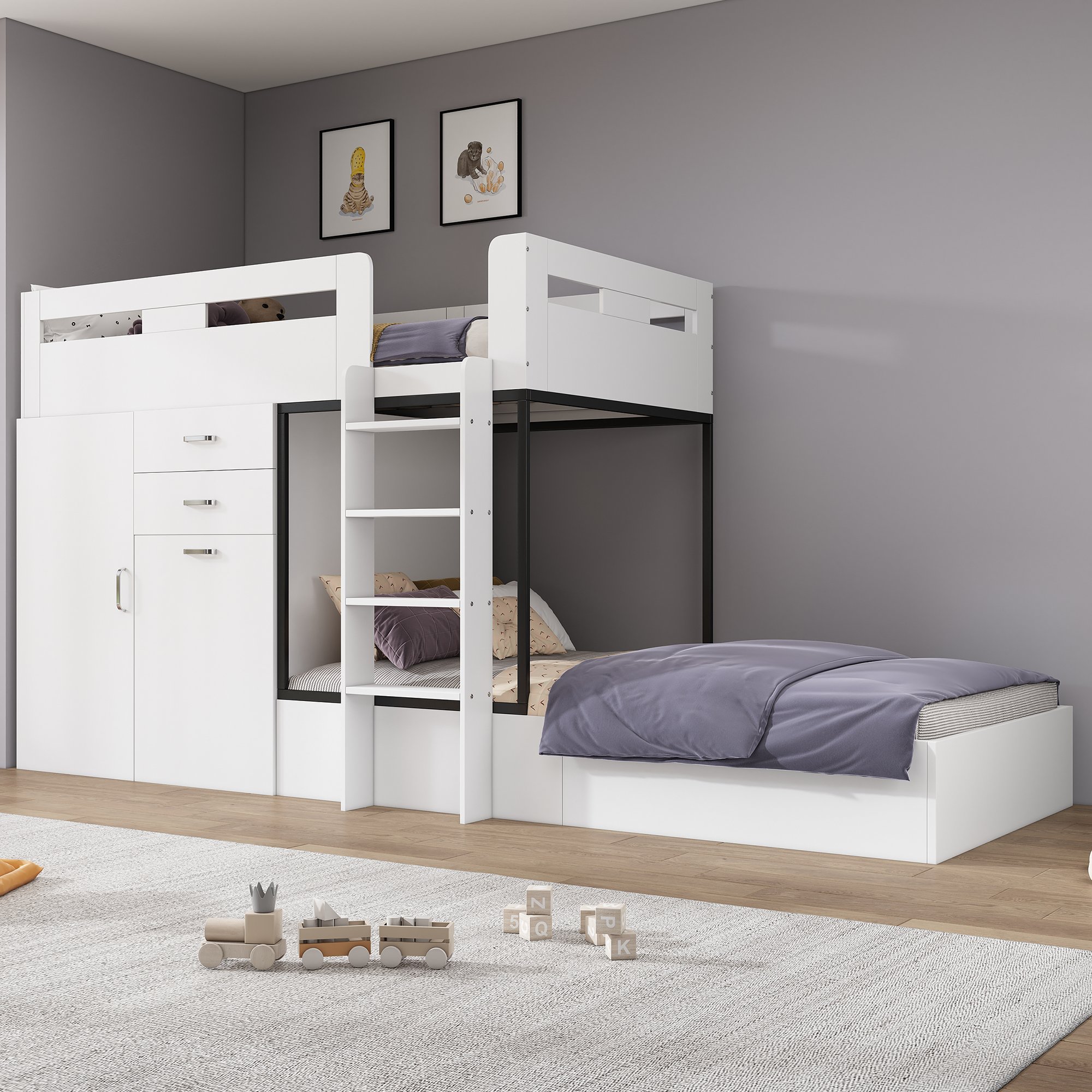Lit superposé enfant 90x200 avec bureau escamotable, armoire et tiroirs, lit multifonction blanc noir pour gain de place