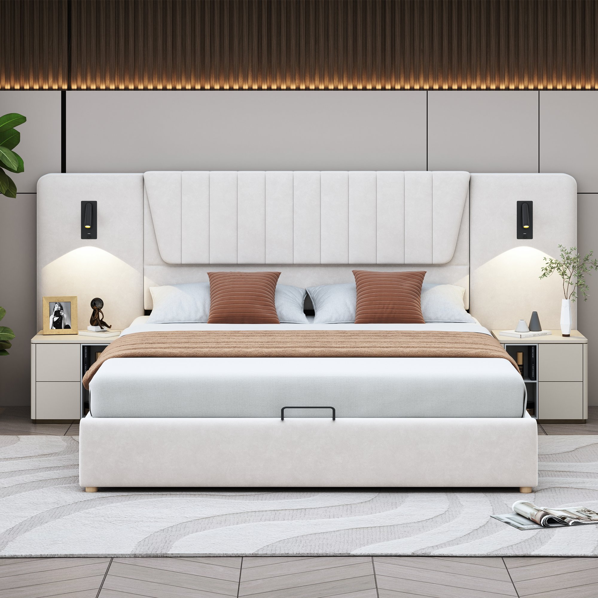 Lit coffre 180x200 en velours beige, structure métallique et sommier à lattes, rangement intégré