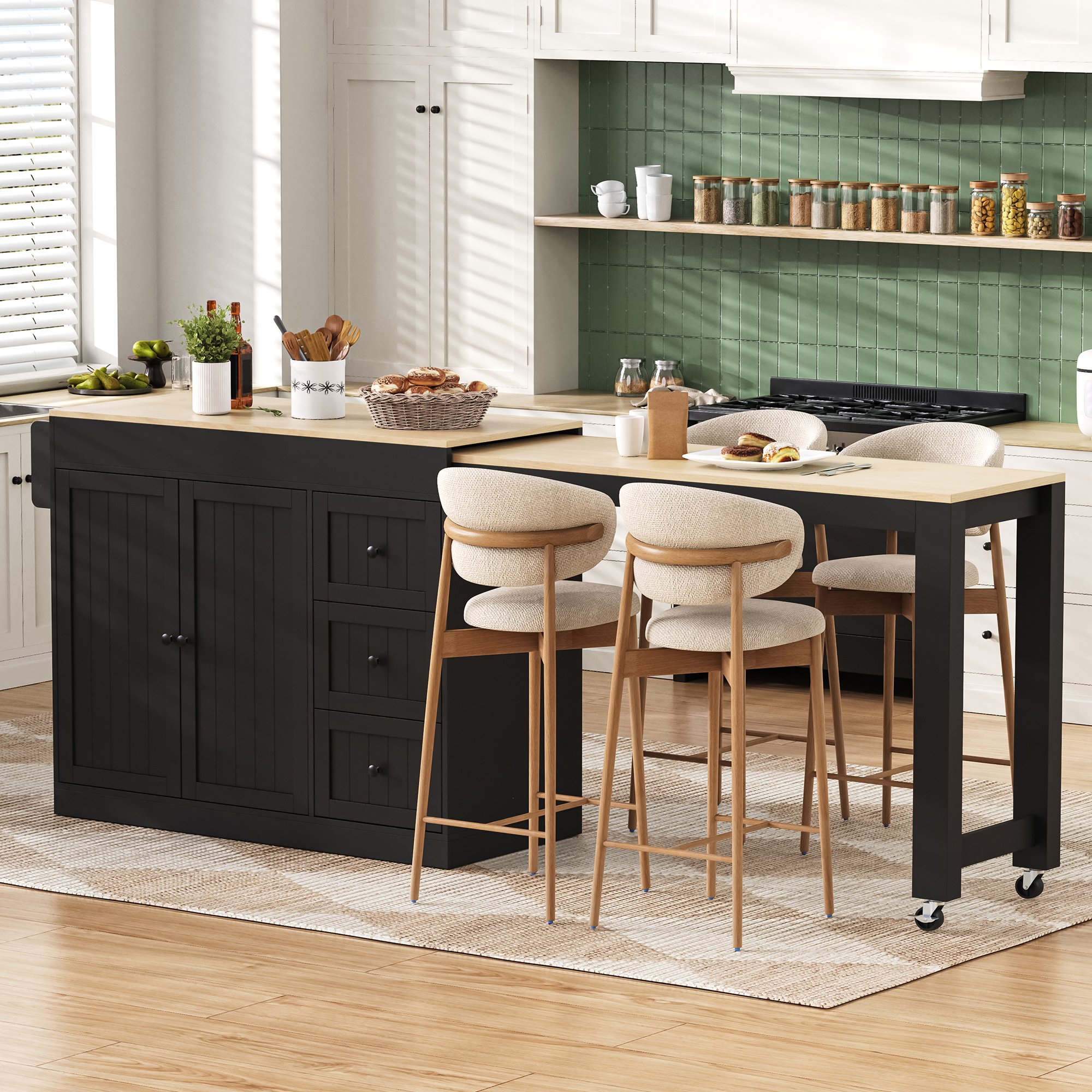 Îlot de cuisine sur roulettes noir 112-186,8 cm avec rangement, plan extensible et tiroirs, Panneau composite de fibres de bois à densité, pour cuisine et salle à manger
