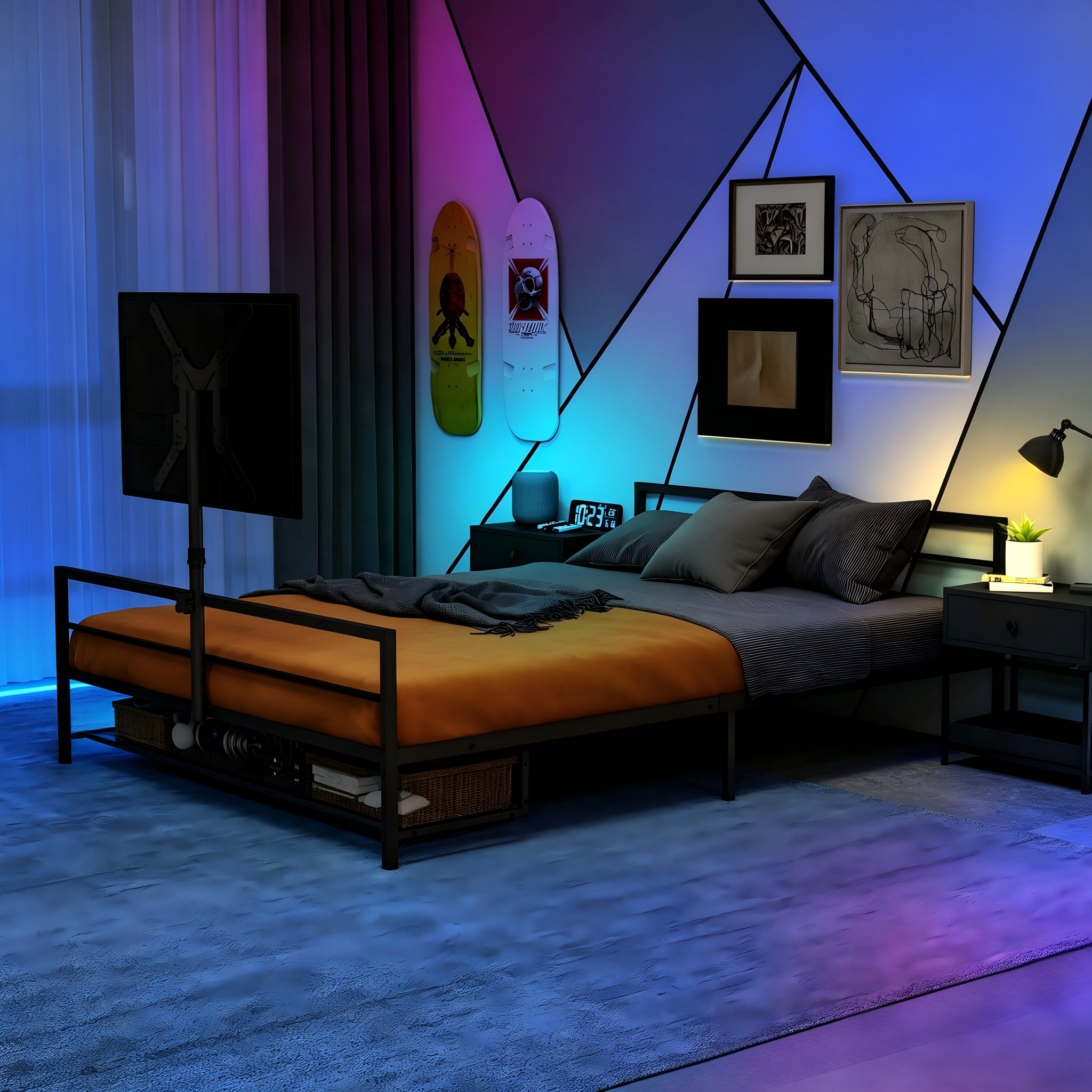 Lit coffre 90x200 avec LED et rangement pour chambre adulte, style gaming avec support moniteur