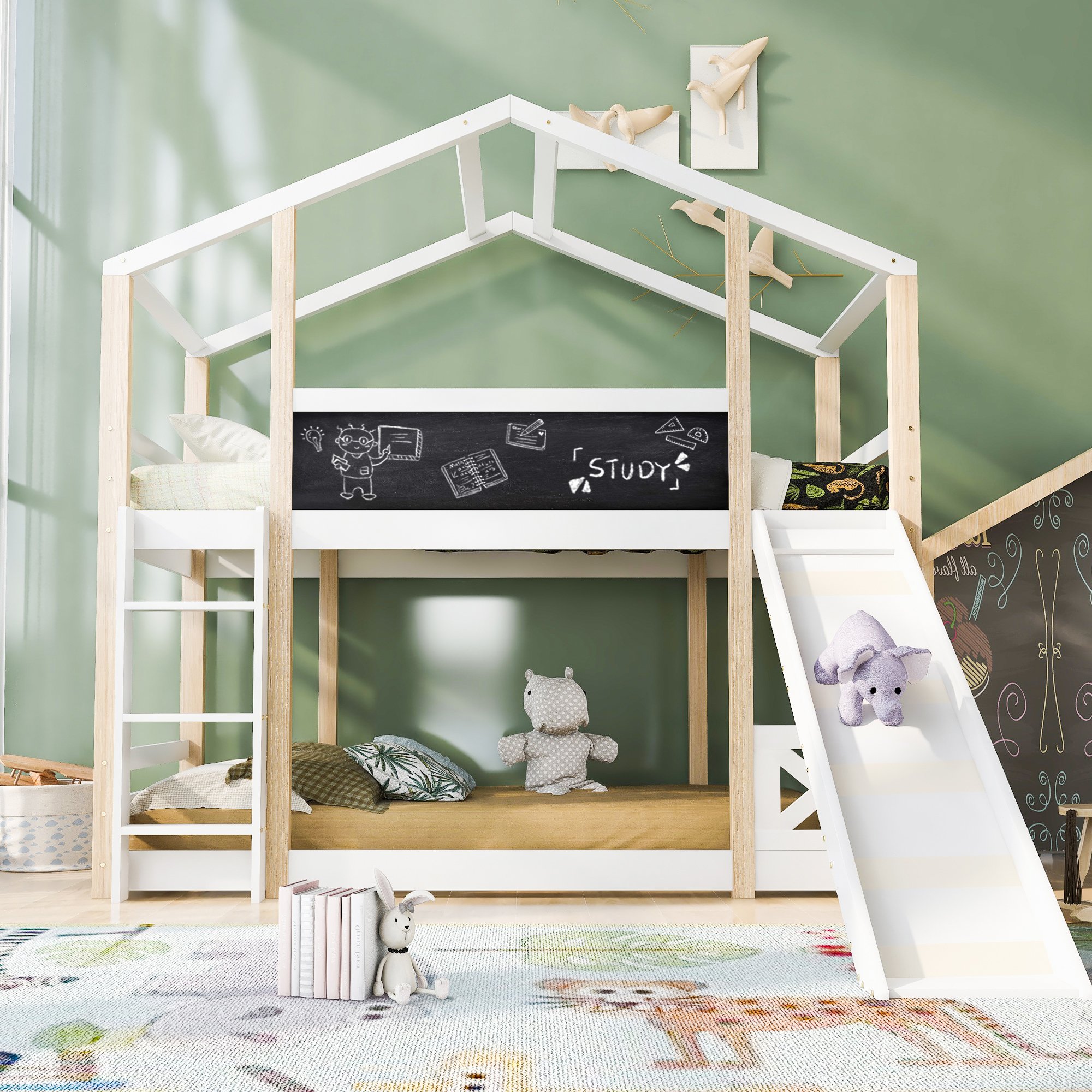 Lit mezzanine enfant 90x200 en pin massif blanc avec glissière, échelle, sommier à lattes et certification sécurité EN 747-1