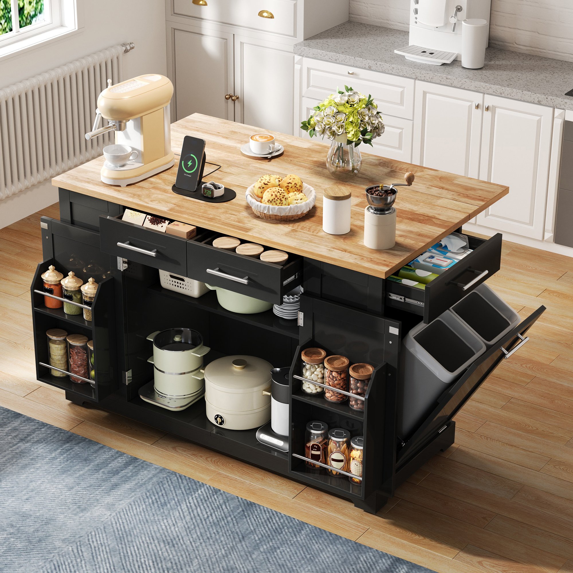 Îlot de cuisine avec plan rabattable et rangement poubelle, roulettes silencieuses, prises 230V et USB, noir bois