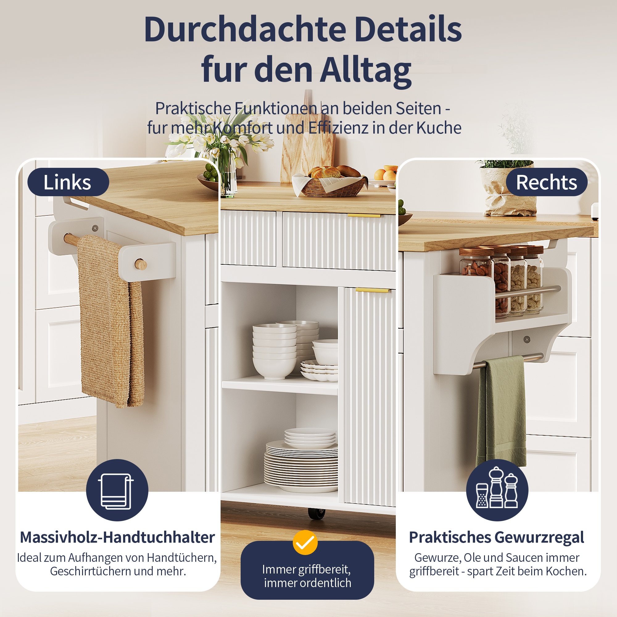 Îlot de cuisine sur roulettes 120x45 cm blanc avec plan de travail rabattable, rangements, étagères à épices et porte-serviettes