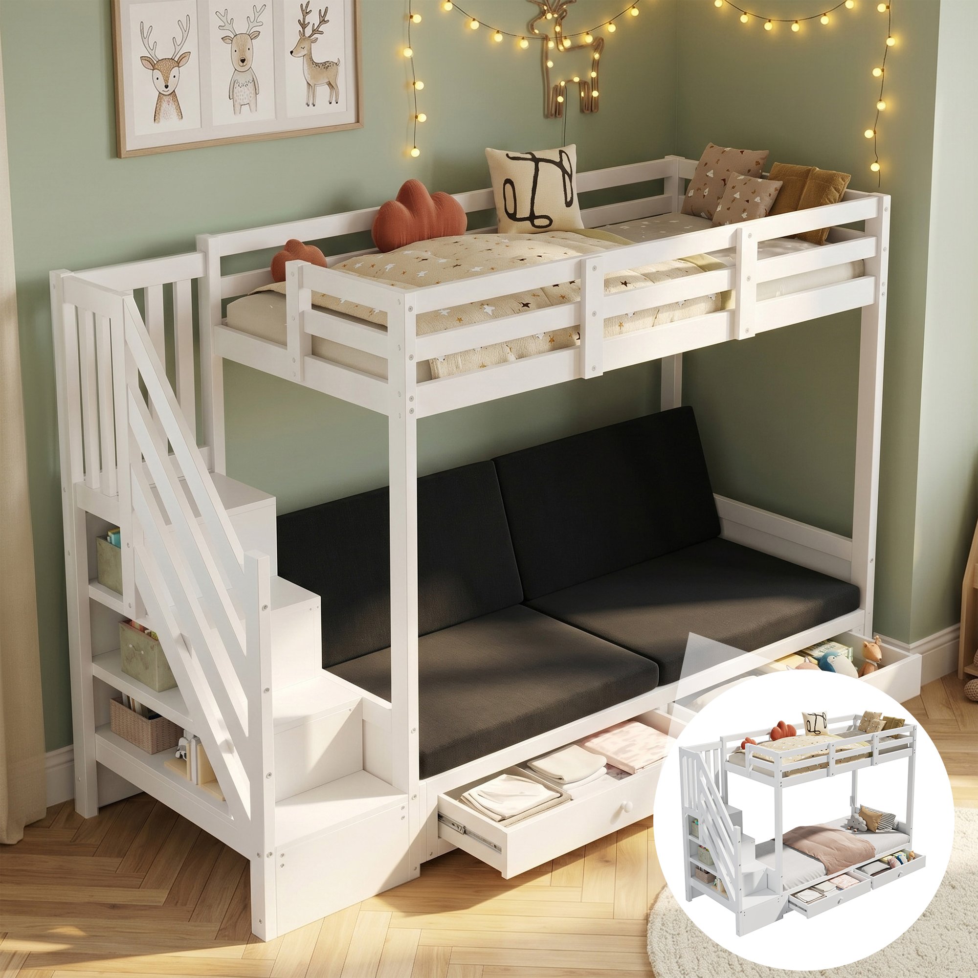Lit superposé 90x200 cm pour enfant avec 2 couchages et rangement intégré