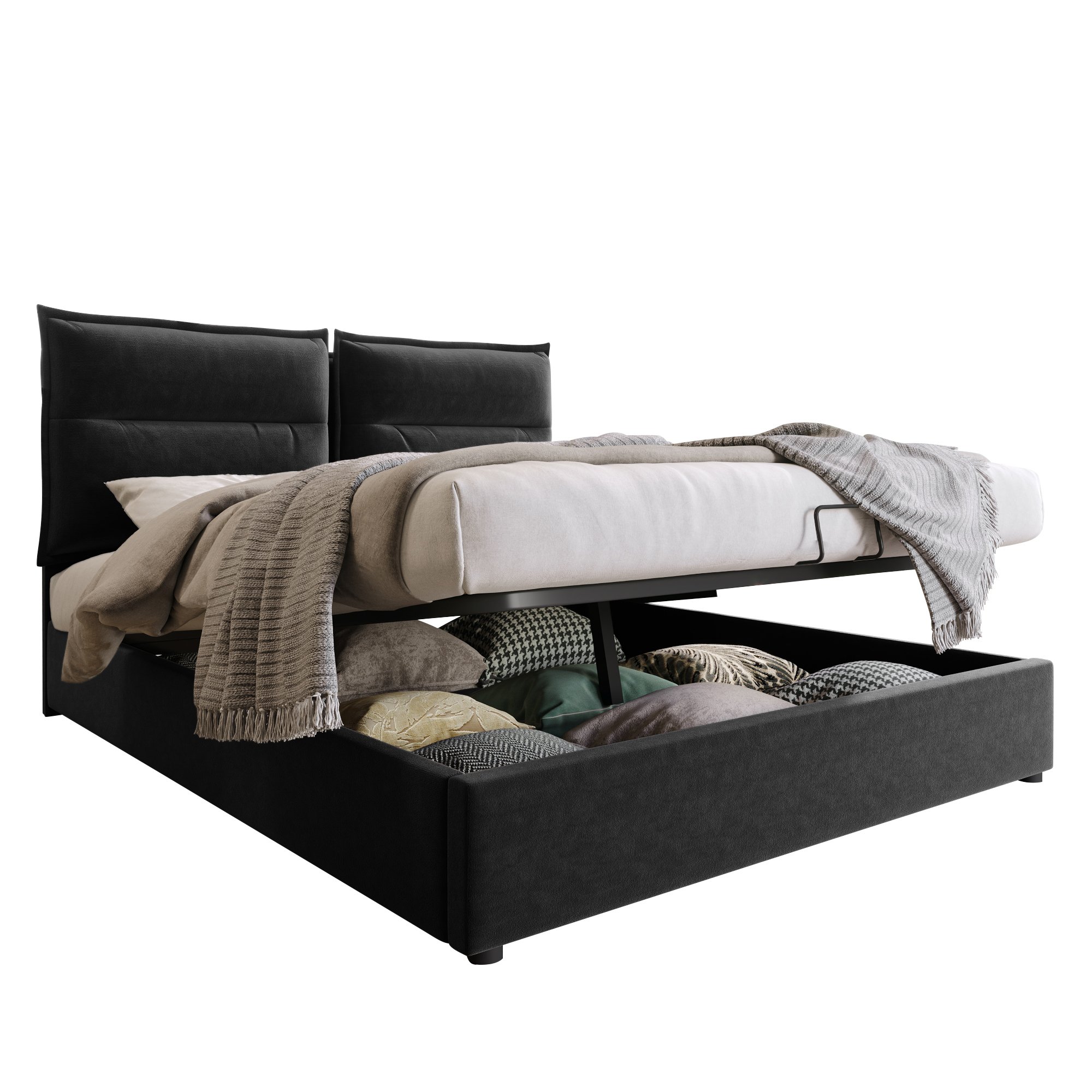 lit coffre 140x200 noir en velours avec rangement hydraulique, tête de lit réglable et sommier à lattes