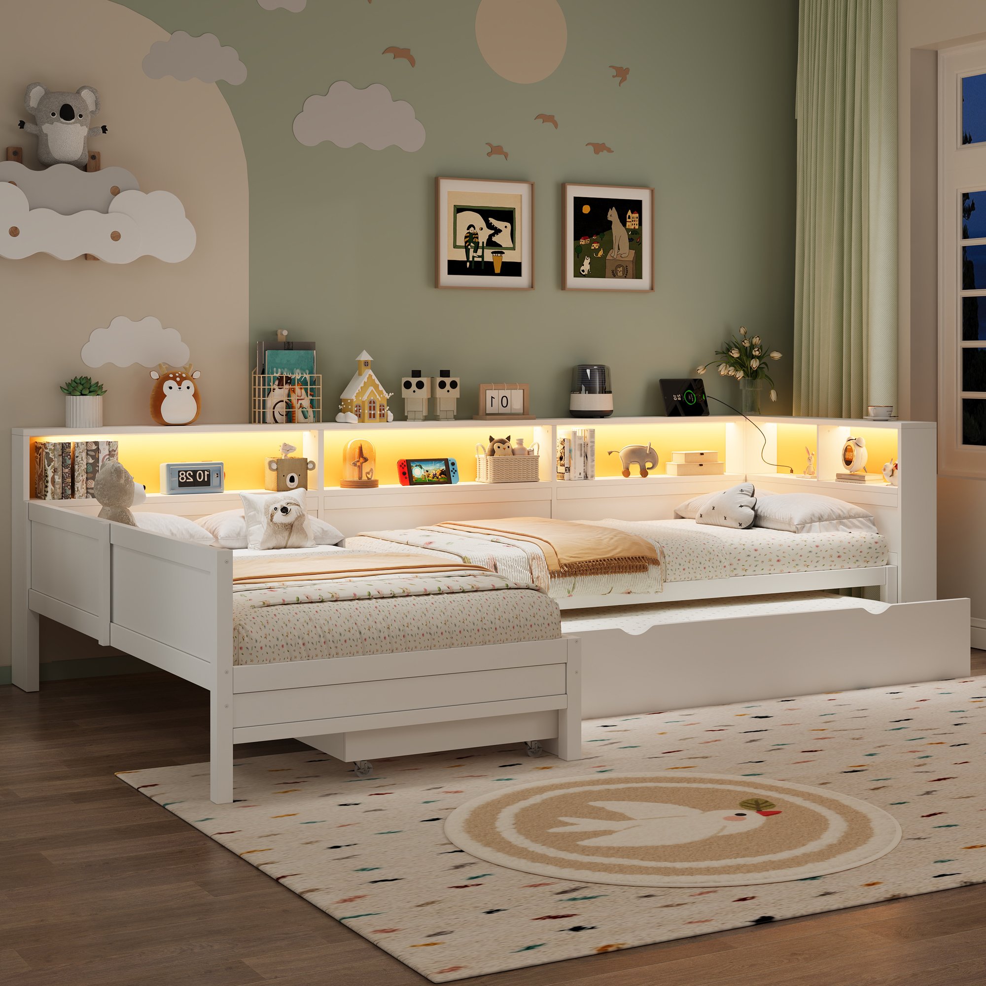 Lit gigogne 90x200 avec rangement et tiroirs, adulte, blanc, avec LED et chargeur USB