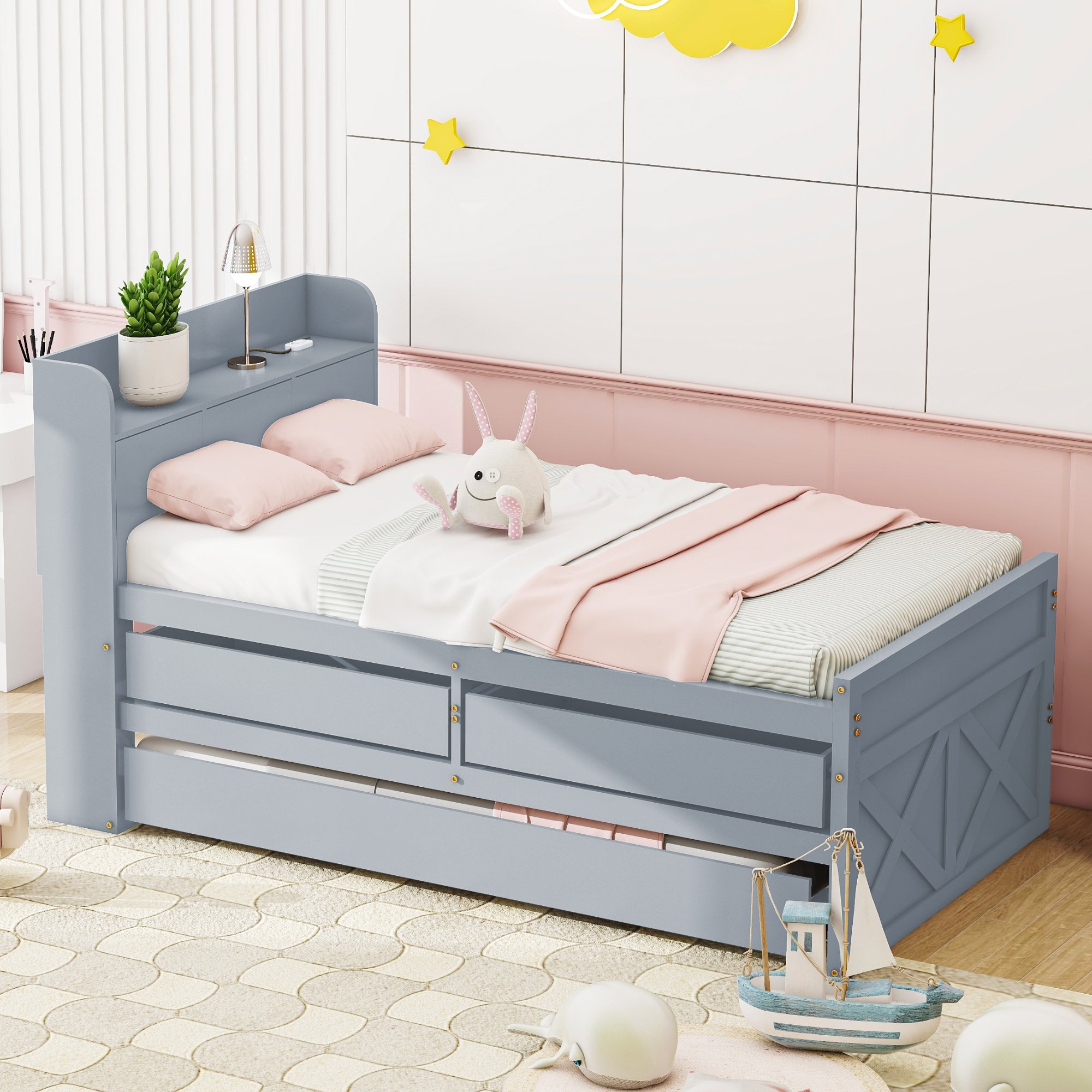 Lit gigogne 90x190 pour enfant ou invité, avec rangement, tiroirs et table de chevet, bois massif gris