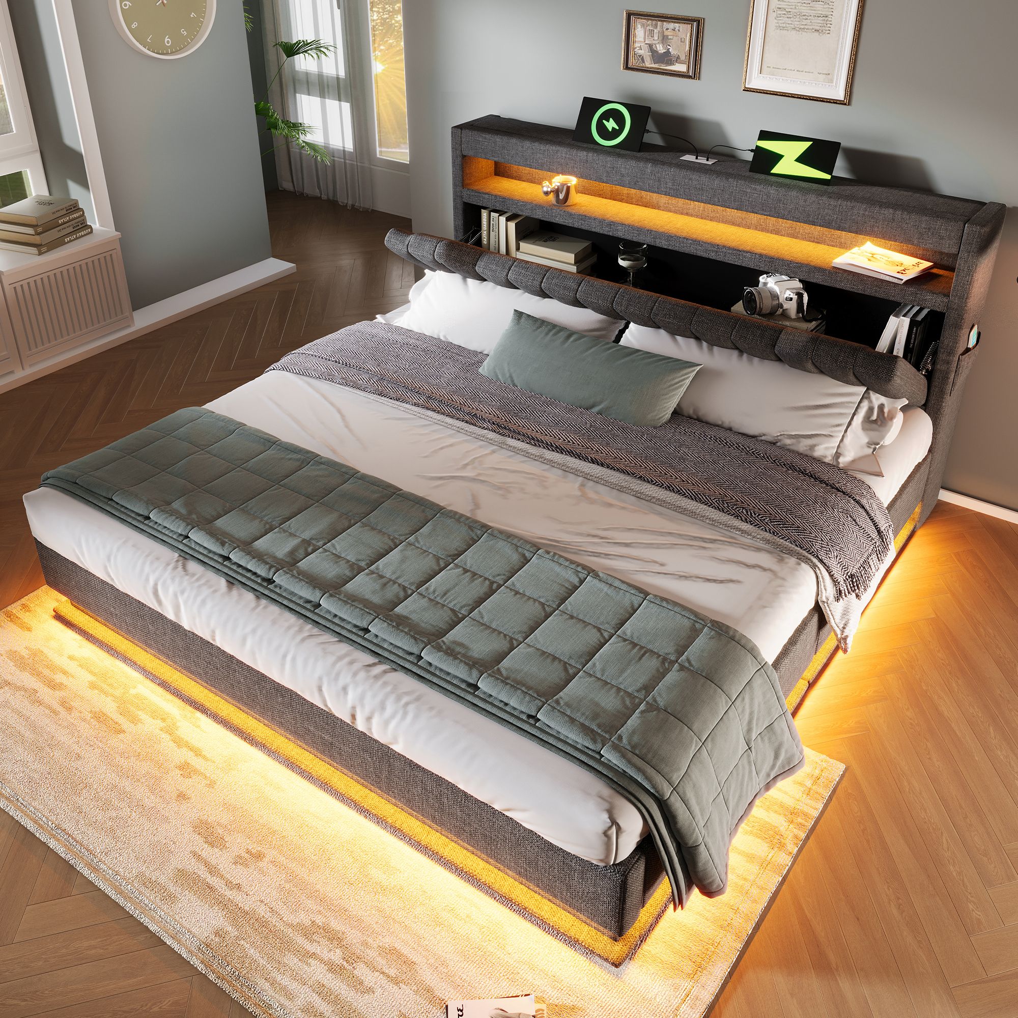 Lit coffre 140x200 gris clair avec matelas ressorts, LED RGB contrôlée et stockage hydraulique