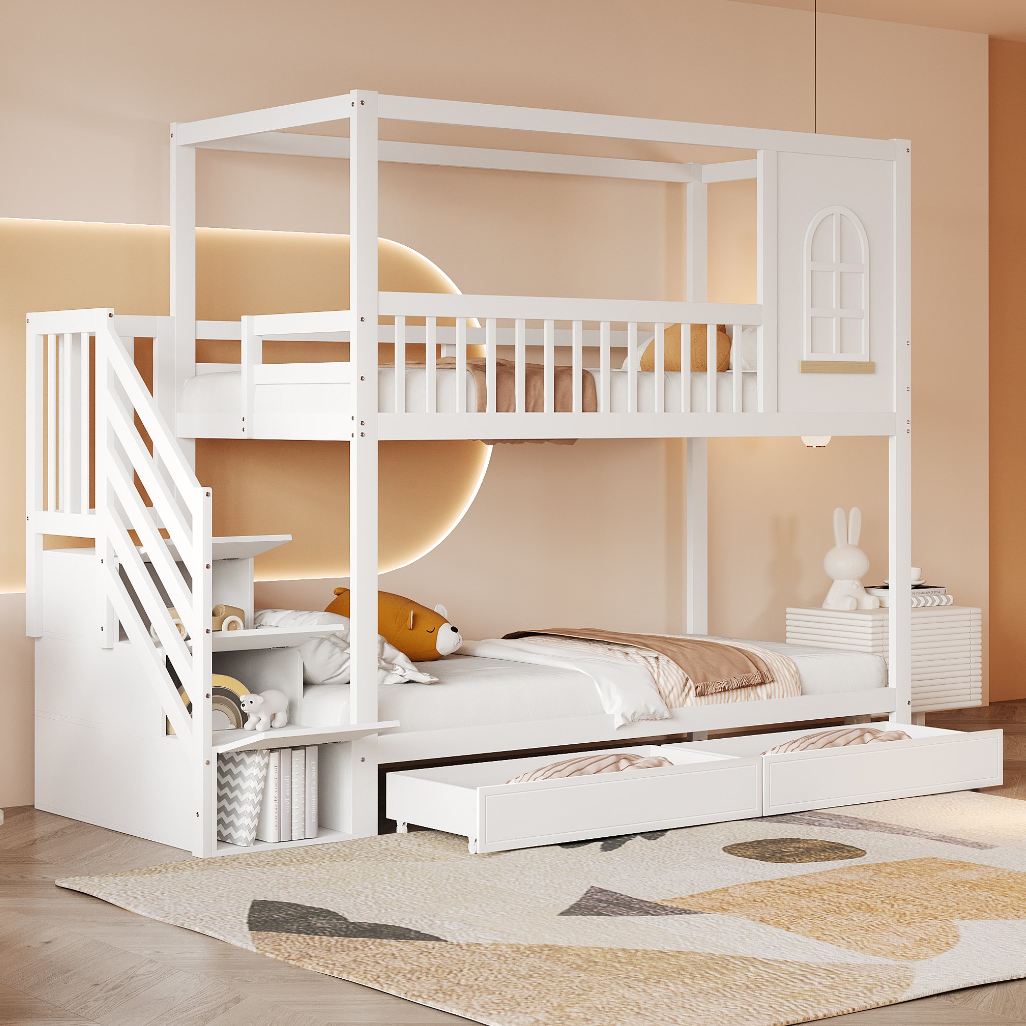 Lit superposé enfant 90x200 en bois massif blanc avec rangement et échelle de sécurité