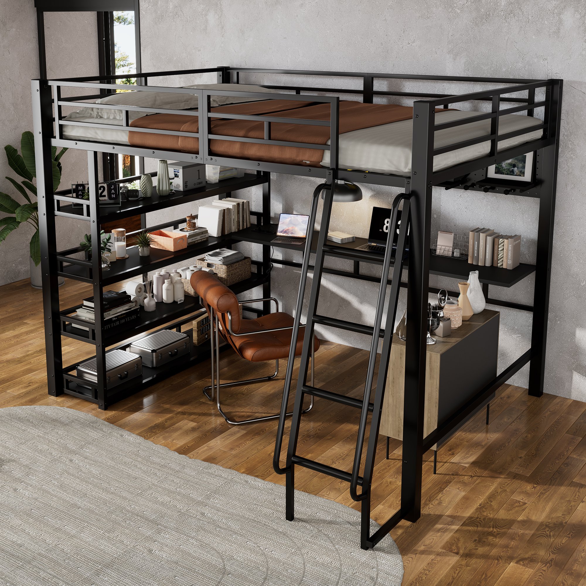Lit mezzanine 140x200 avec rangement et échelle inclinée, noir, en fer et bois