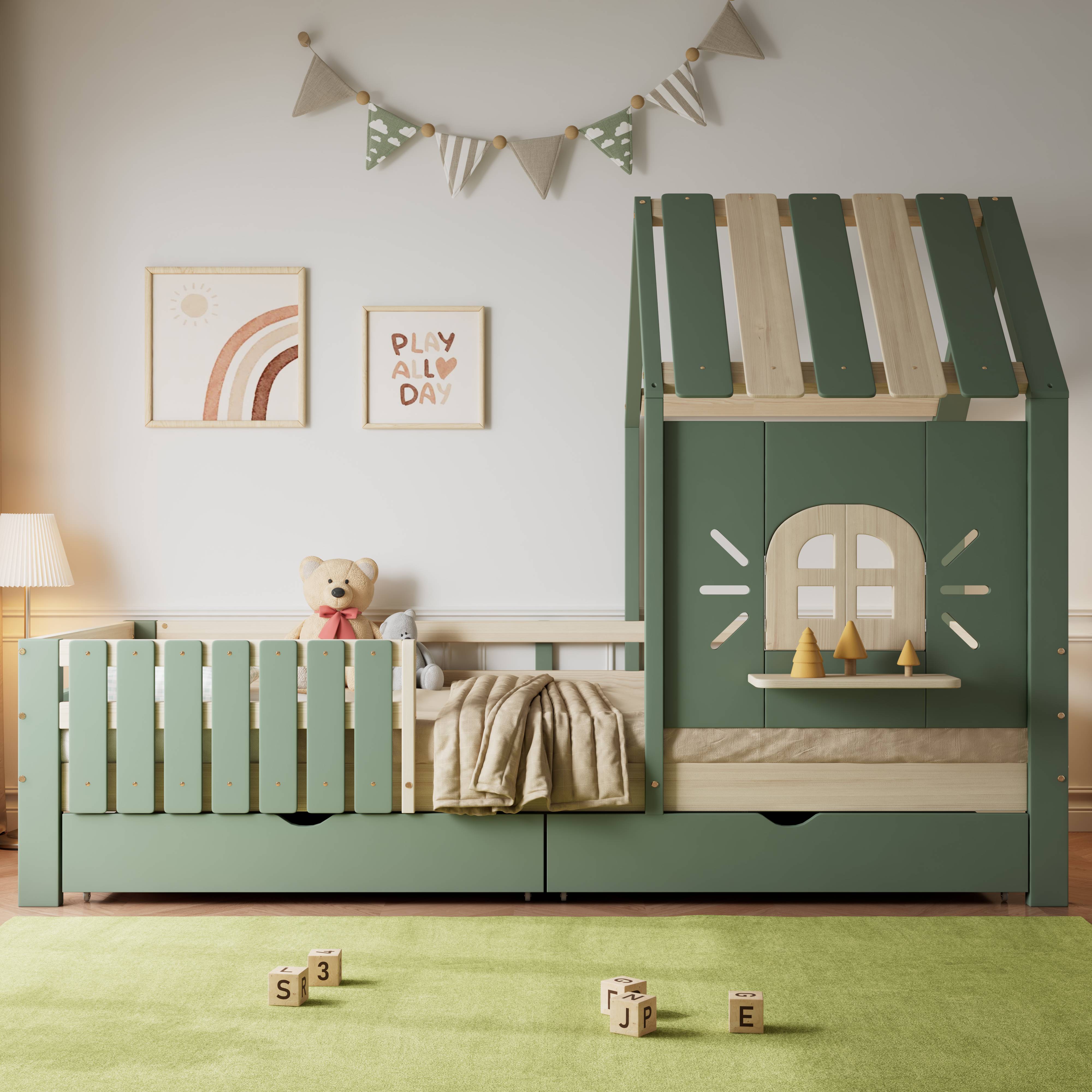 Lit cabane 90x200 en pin et Panneau composite de fibres de bois à densité vert avec toit, fenêtre et 2 tiroirs