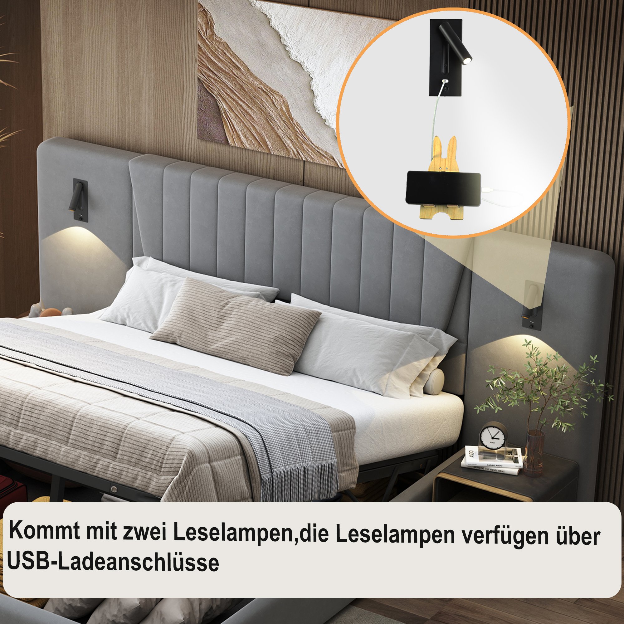 Lit coffre 180x200 en velours gris avec rangement hydraulique, lampes de lecture orientables et ports USB