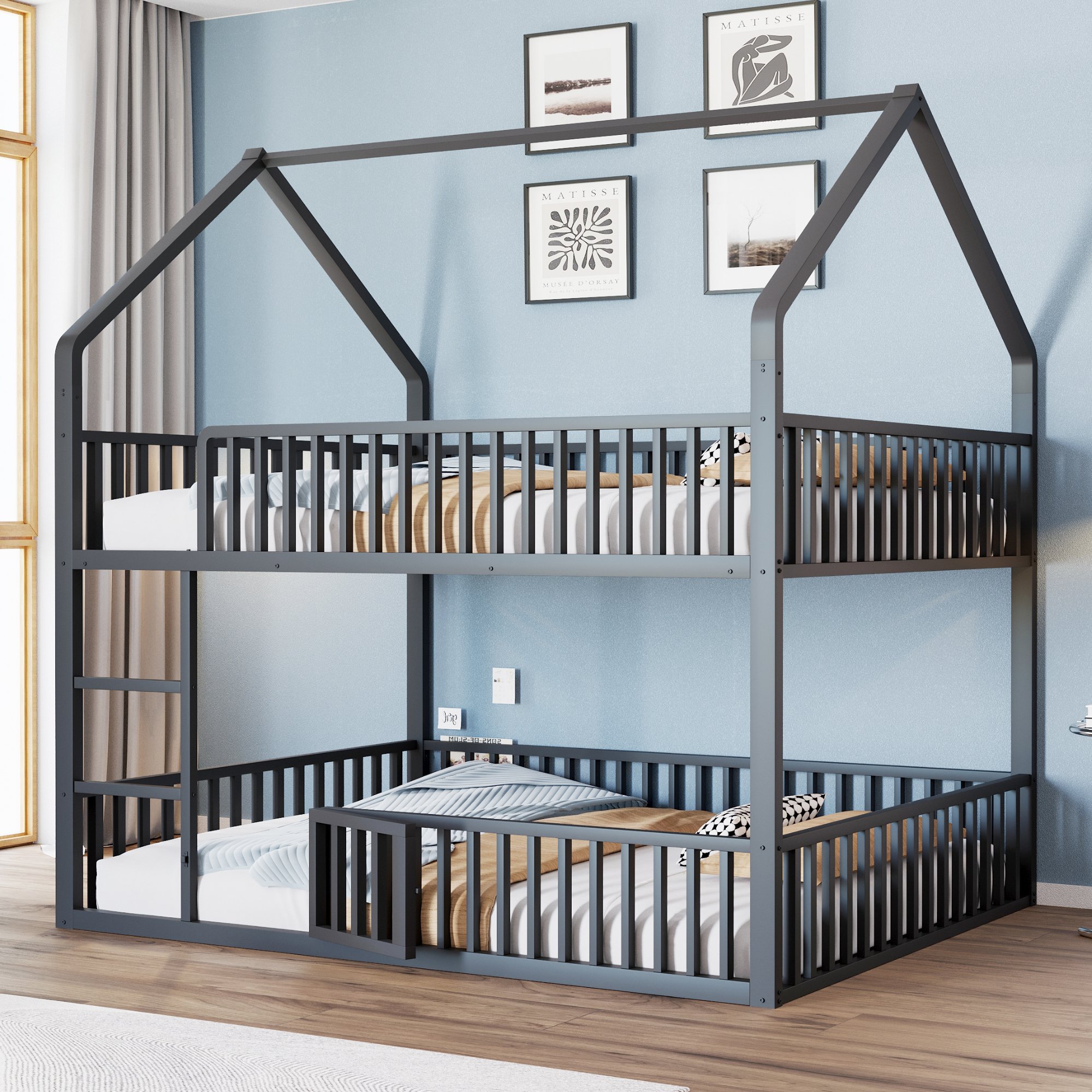 Lit superposé enfant 140x200 en métal noir avec échelle et porte, design maison, sécurité renforcée