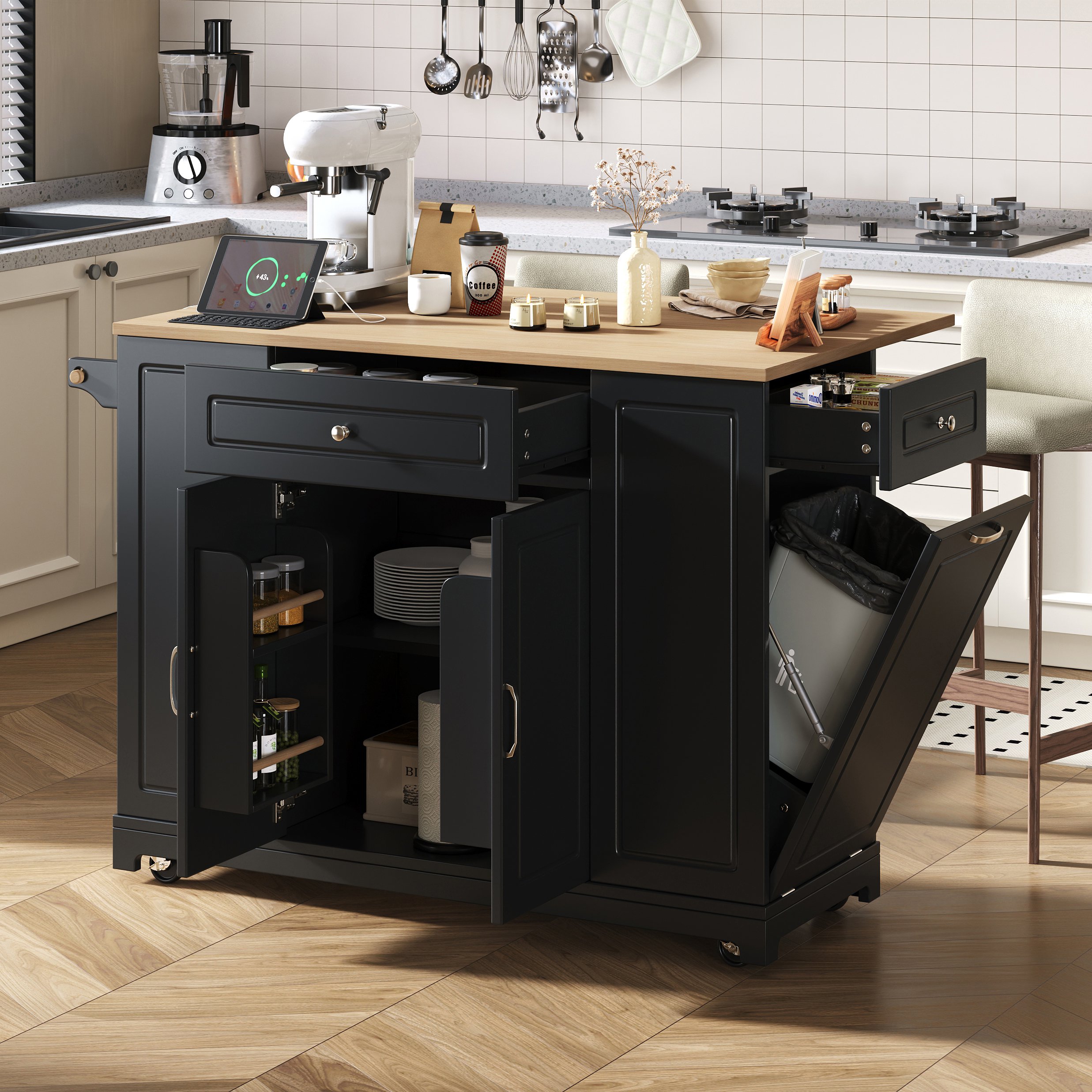 Îlot de cuisine avec plan de travail extensible, prises électriques, ports USB, rangements et poubelle intégrée, sur roulettes