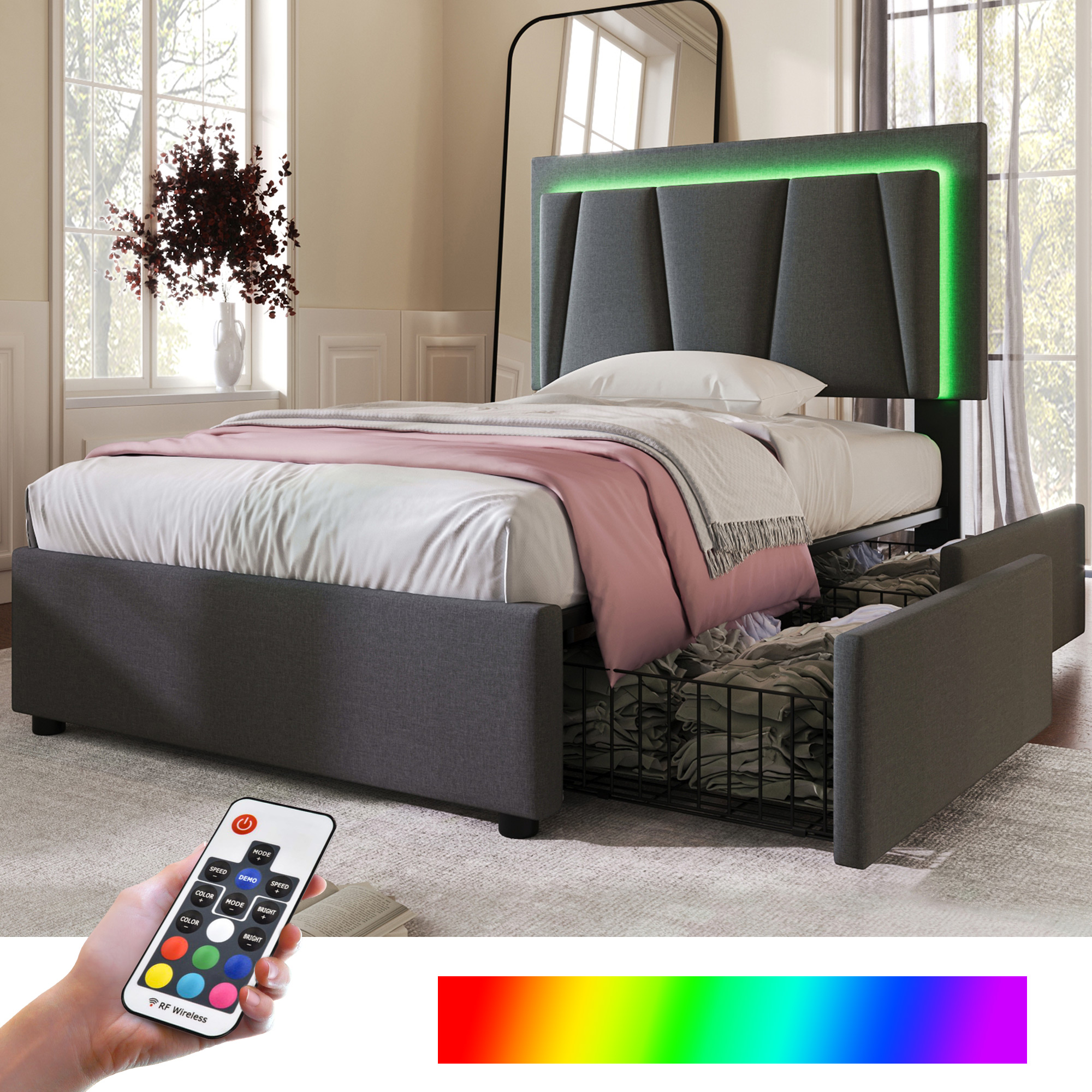 Lit LED 90x200 gris avec sommier à lattes, tête de lit réglable et tiroirs de rangement, cadre de lit rembourré moderne